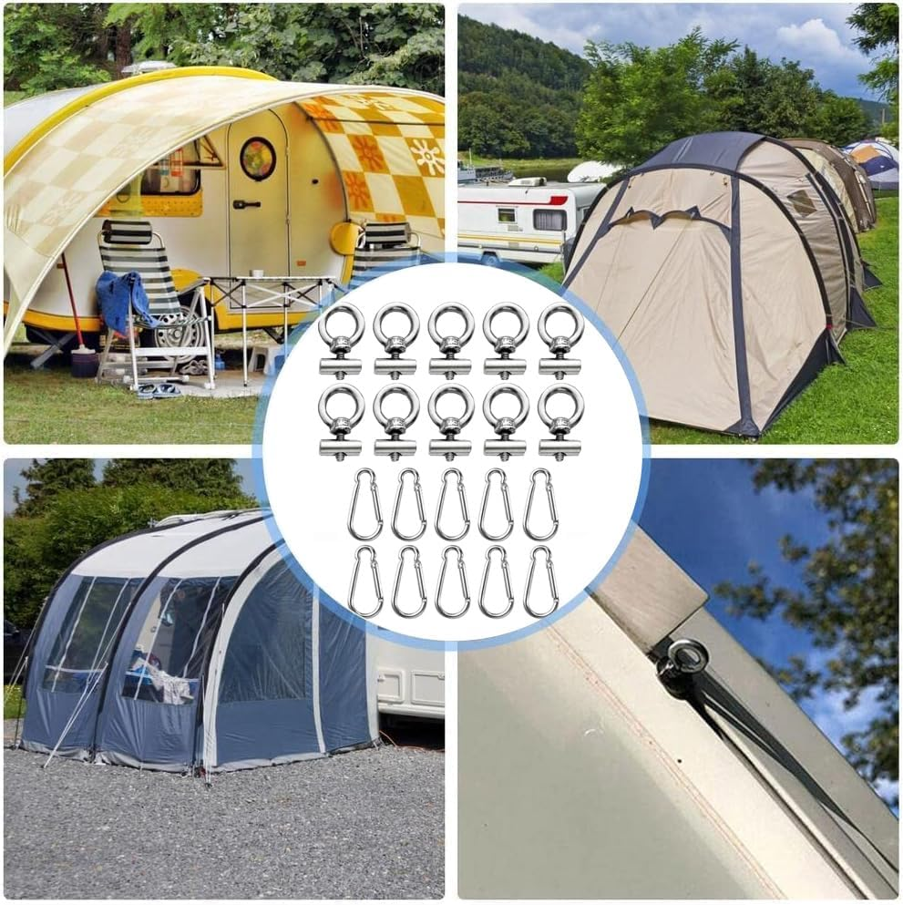 Wzenclave 10Pcs Carabiners 304 Stainless Steel Eye, 10 Pieces Stainless Steel Awning Pipe Plug 6Mm, with 10 Climbing Buckles, Ideal for Caravans, Motorhomes, Campervans Camping Tent Equipment