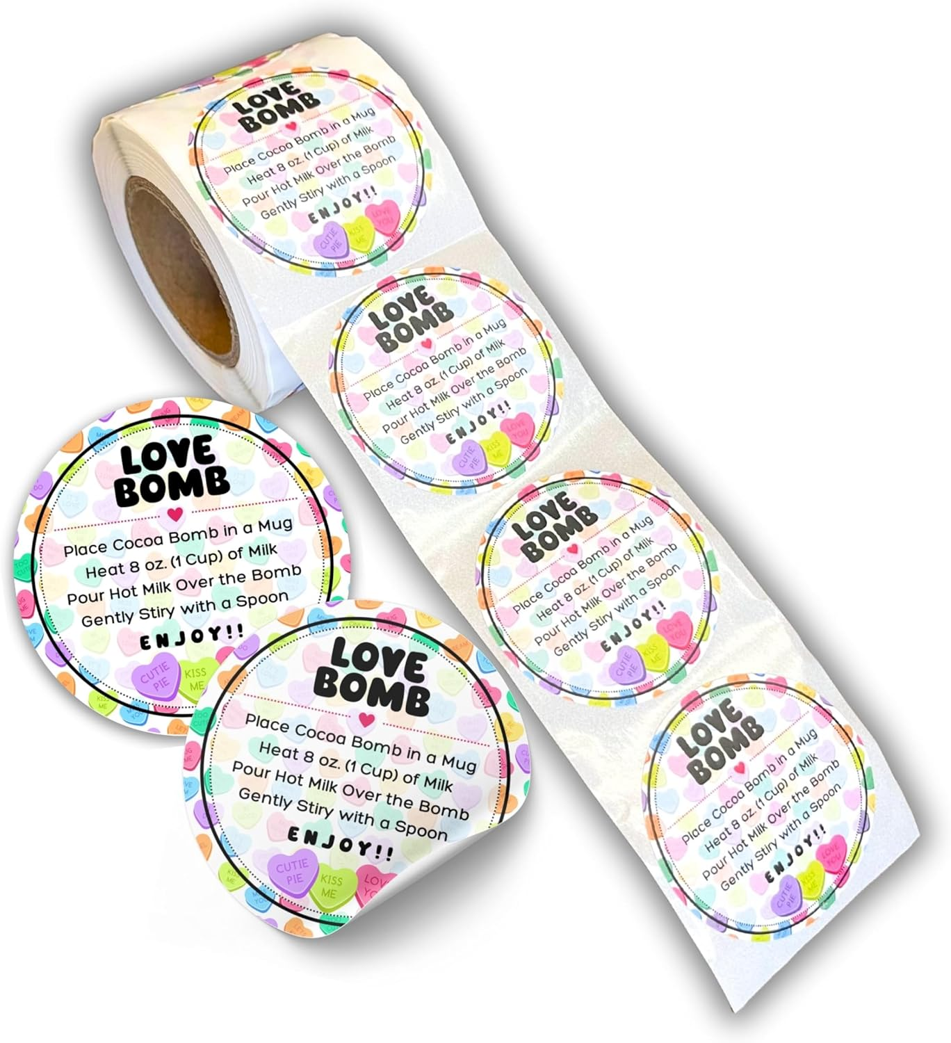 Love Bomb Stickers for Hot Cocoa Bomb Box | 250 Pc Roll Bulk Packaging 2&rdquo; Label Tag Instructions Ingredients for Holiday Valentine&rsquo;S Candy Heart Background Hot Chocolate Bomb image number 1