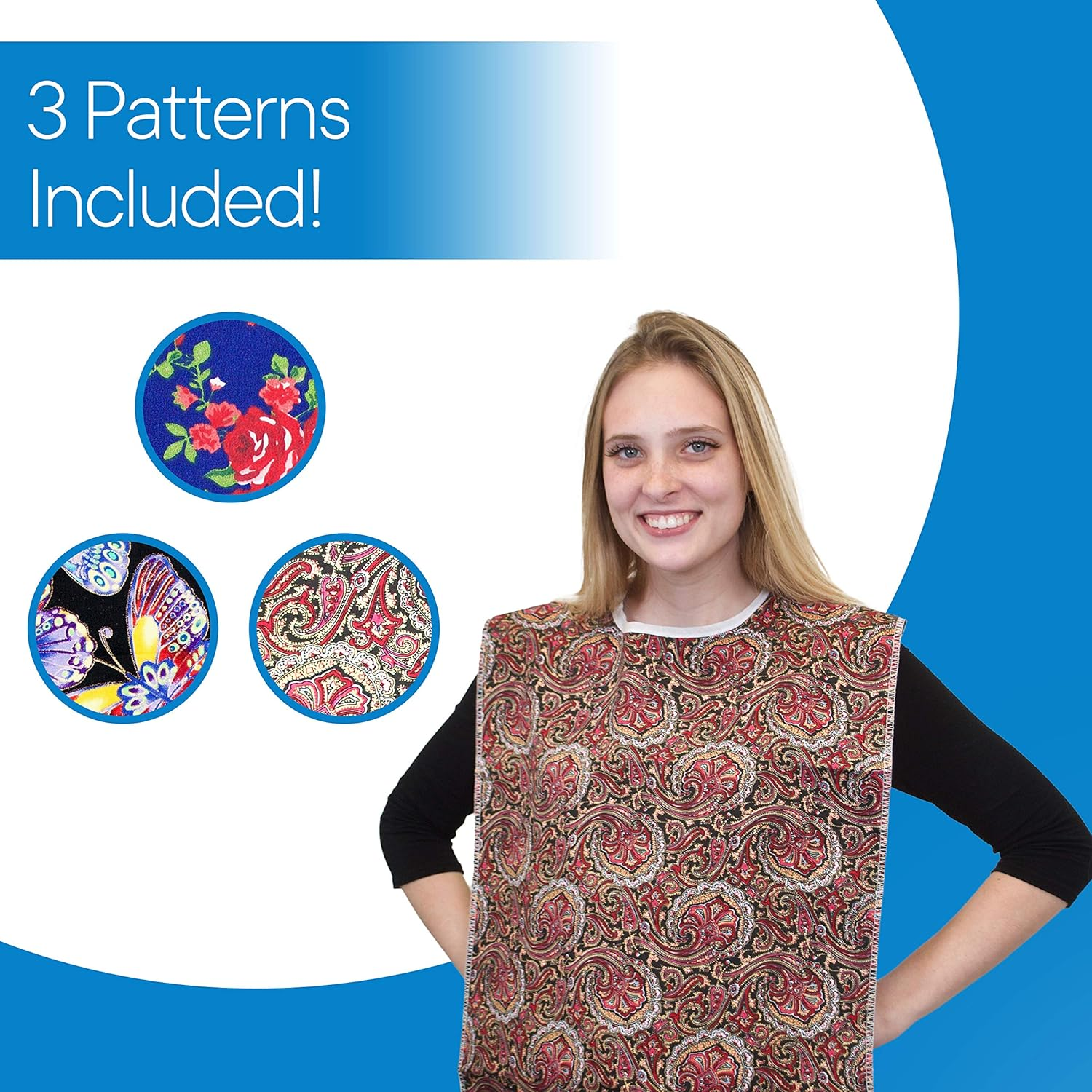 RMS 3 Pack Adult Bib Washable Reusable Waterproof Clothing Protector with Optional Crumb Catcher and Vinyl Backing 34"X18" (Butterfly/Blue Rose/Heritage) image number 6