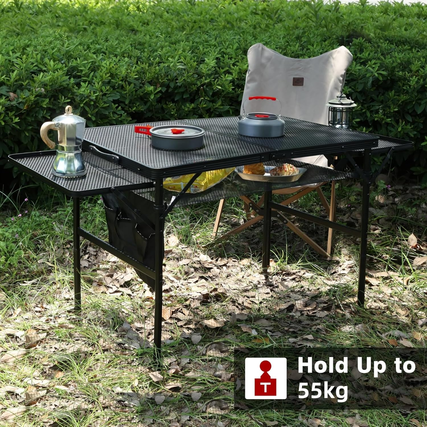 FORYUSE Folding Camping Table 90X60Cm with Extension Board Portable Lightweight Height Adjustable Metal Mesh Desktop Bag Side Pocket for Outdoor BBQ Grill Picnic Beach image number 3