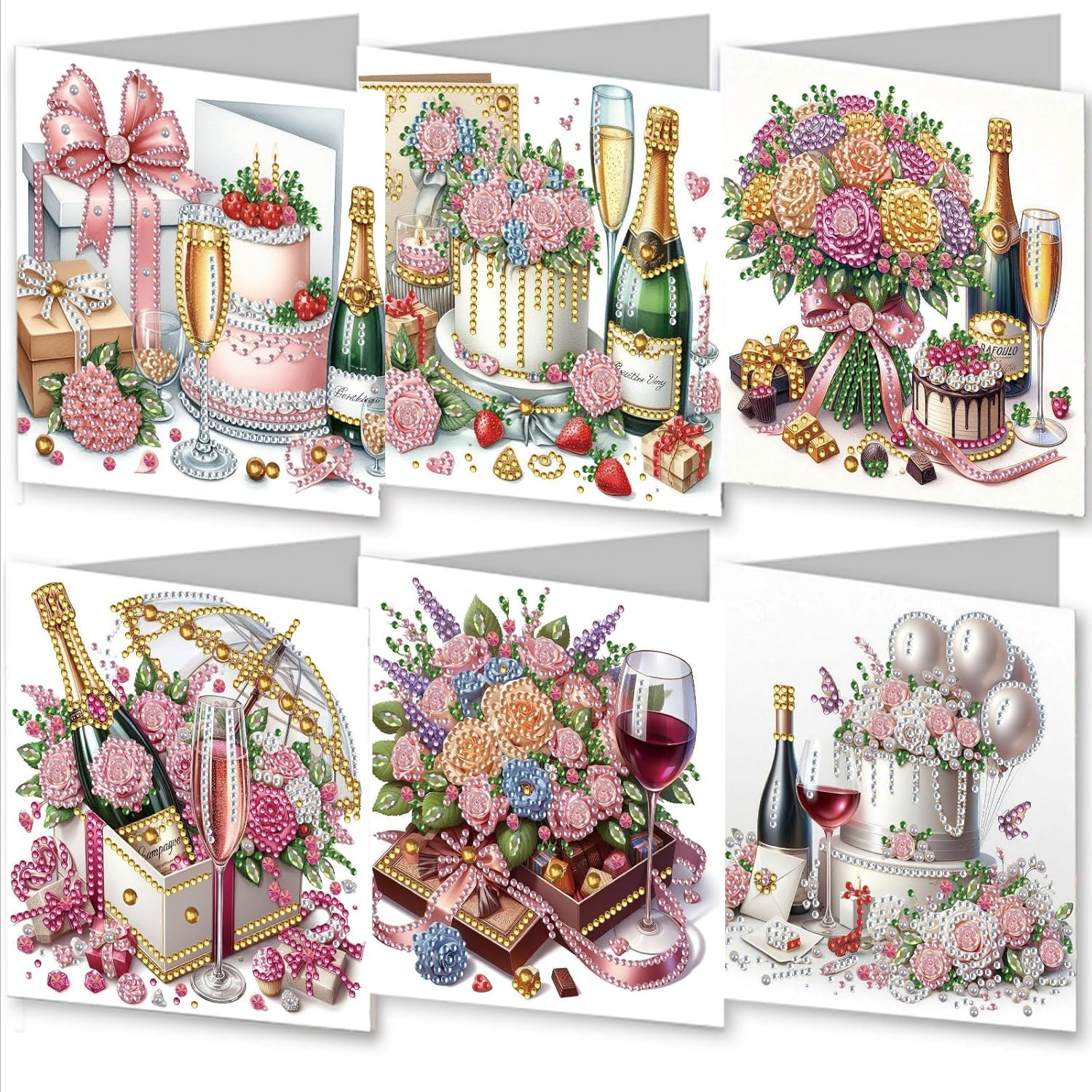 Awesocrafts 6Pcs Diamond Art Christmas Cards Kits Happy Birthday, Anniversary DIY Diamond Painting Cards Sets, 5D Crystal Art Card with Envelopes, Postcards for Handmade, Xmas 30 * 15Cm (Happy)