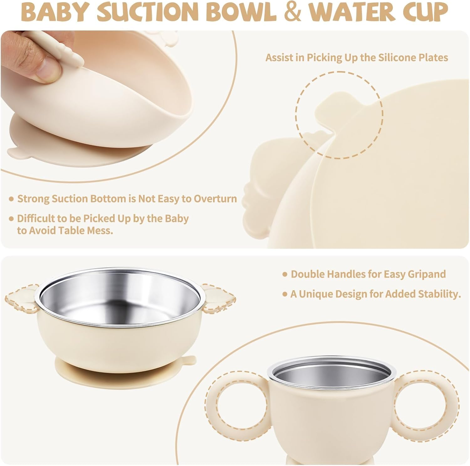 Baby Toddler Tableware Set, 6 PCS Stainless Steel Silicone Utensils, Durable & Spill-Proof, Baby Feeding Set Plates & Bowls, Cup, Forks Spoons & Silicone Bib, Bpa-Free, Dishwasher Safe image number 5