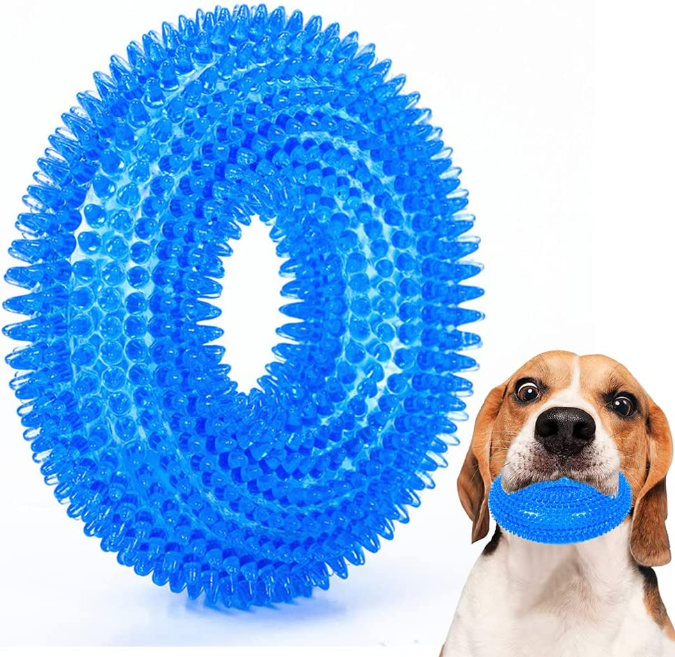 Durable Dog Squeaky Chew Toys for Aggressive Chewers Dental Teething Cleaning (Non-Toxic Soft Natural Rubber), Cute Crystal Ring Design 3.9 Inches (Blue) image number 1
