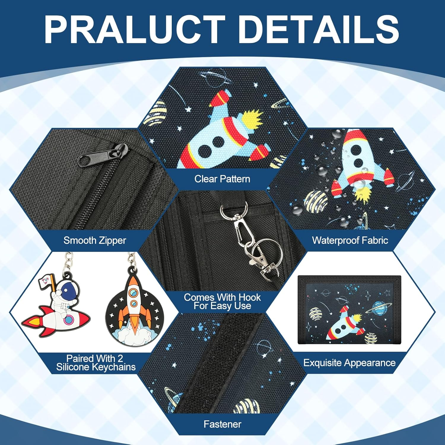 HOCUCHELAND Children'S Neck Pouch, Waterproof Trifold Wallet with 2 Keyrings and 2 Lanyards, Portable Rocket Pattern Neck Pouch Boys for Child, Teenagers, Boys image number 1