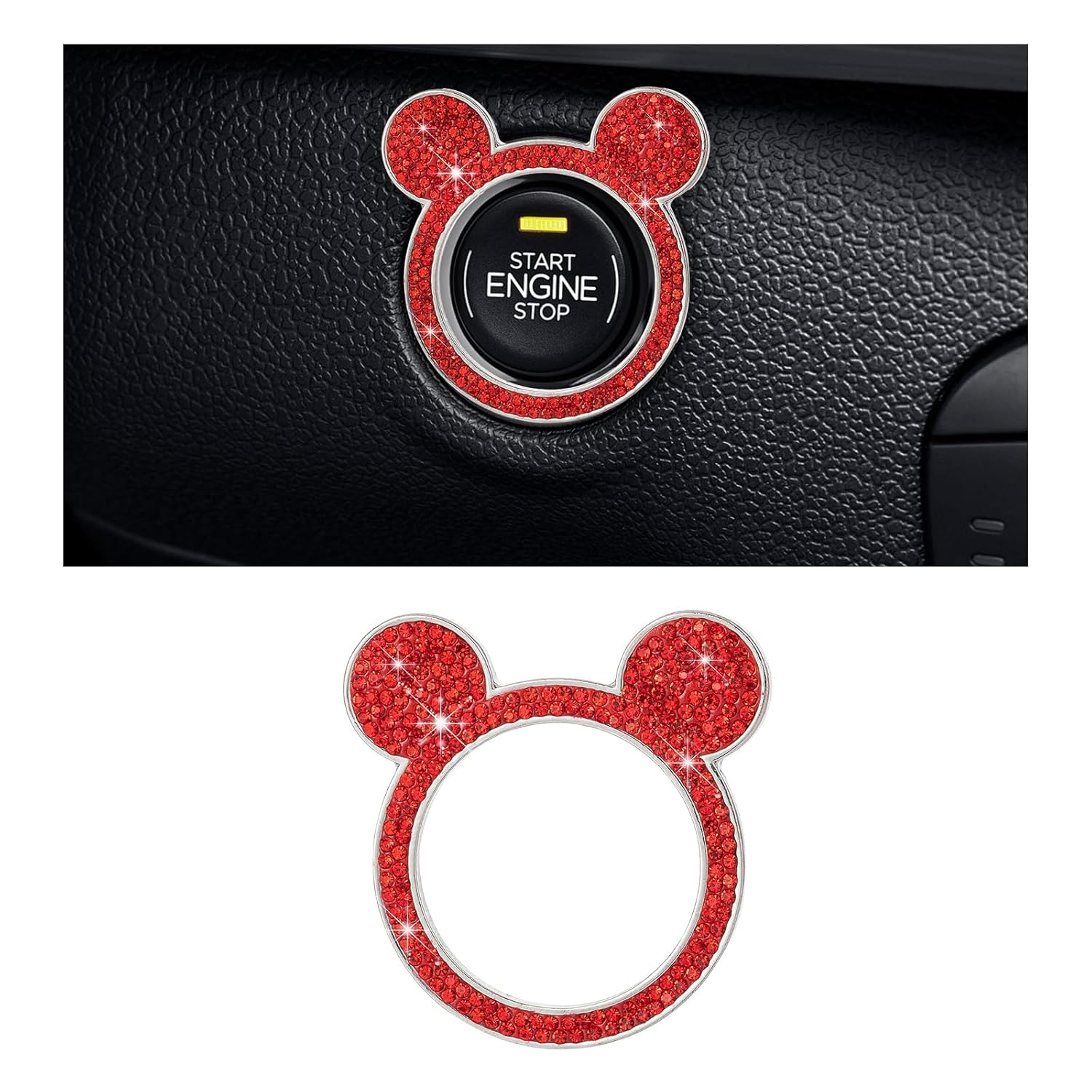 Augeny Bling Car Engine Start Button Cover, Rhinestone Key Ignition Knob Ring, Sparkling Push to Start Button Sticker for Women, Universal Car Accessories for Interior Decoration (1PC, Red) image number 1