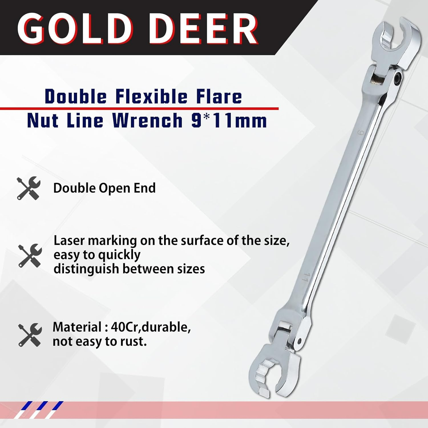 GOLD DEER Flex Head Flare Nut Wrench 10 * 12Mm Flare Nut Wrench Set Metric Flare Tool Double Flexible Flare Nut Line Wrench Flare Tool Flex Tools 40Cr for Automotive Repairs Plumbing Repairs image number 6