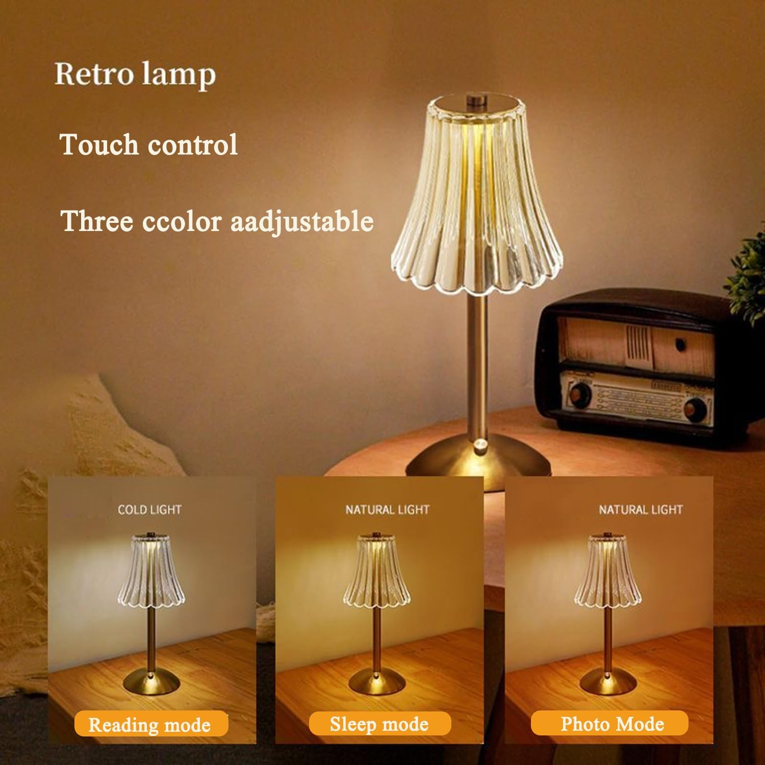 Cordless Table Lamp, Rechargeable Battery Operated Lamp, LED Touch Lamp, 3 Color Dimmable and Adjustable Brightness, Nightstand Bedside Lights, Rose Lamp Vintage Gifts (Romantic Table Lamp) image number 4