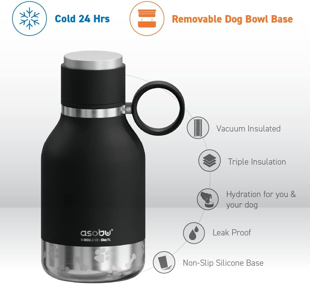 Asobu Stainless Steel Dog Bowl Bottle, Smoke, 975 Ml Capacity