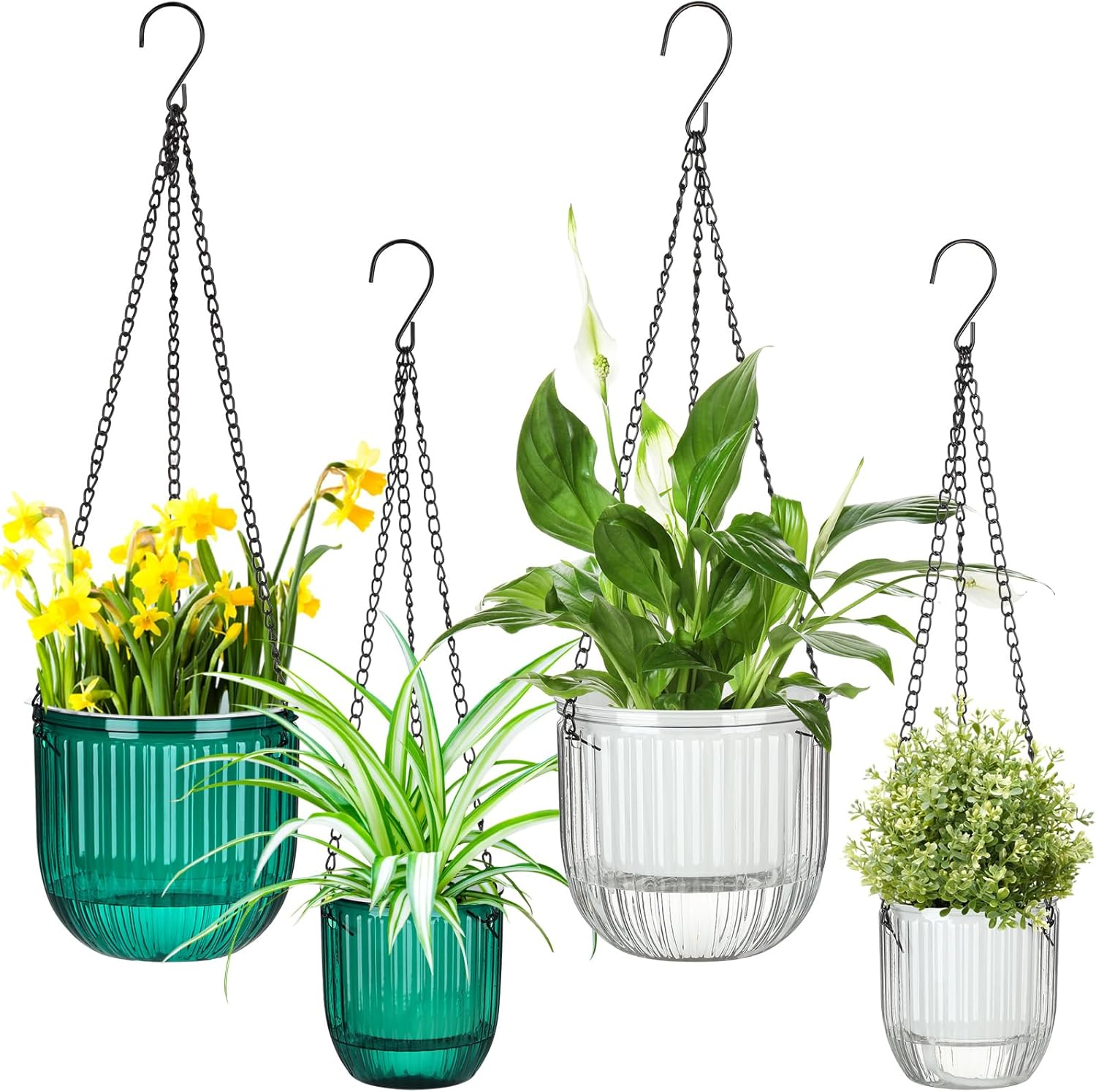 Maxcheck 4 Pcs Self Watering Hanging Planters Indoor Gift 6.5'' 4.5'' Hanging Flower Pots Baskets Outdoor Self Watering Plant with 3Hooks Drainage Holes for Home(Emerald,Clear)