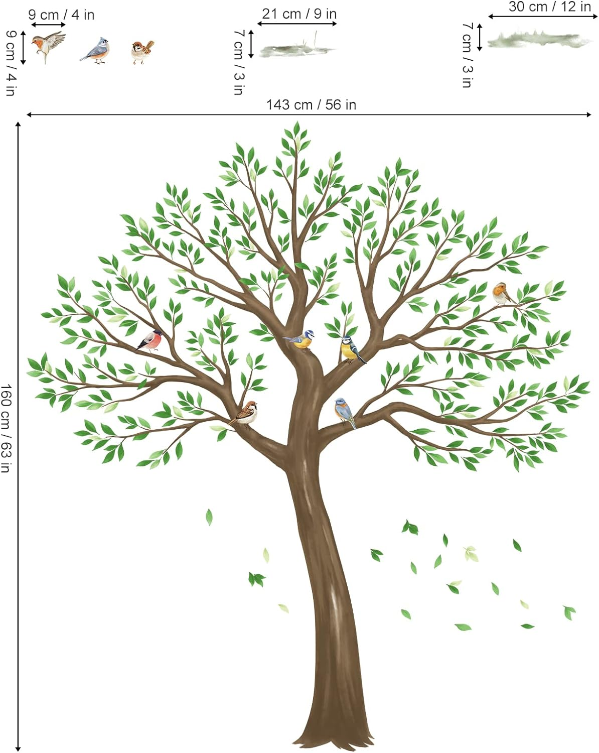 Wondever Large Tree Wall Stickers Green Leaves Birds Peel and Stick Wall Decals for Living Room Bedroom TV Wall (H: 63Inches) image number 5