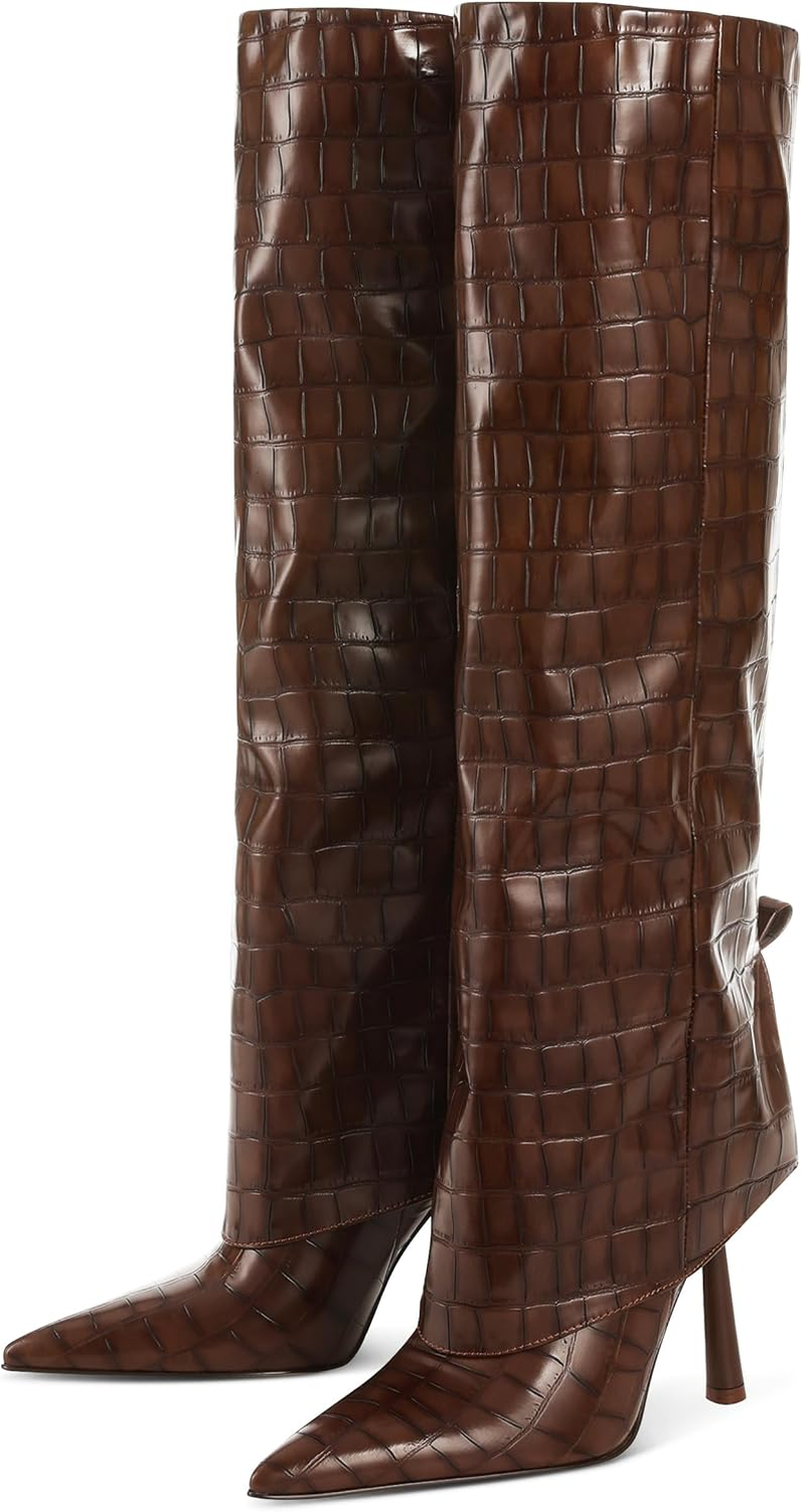 Oiamenne Knee High Boots Women'S Fold over Boots Pointed Toe Stiletto Heel Tall Boots Slip on Sexy Long Boots Fashion Dress Boots for Women image number 4