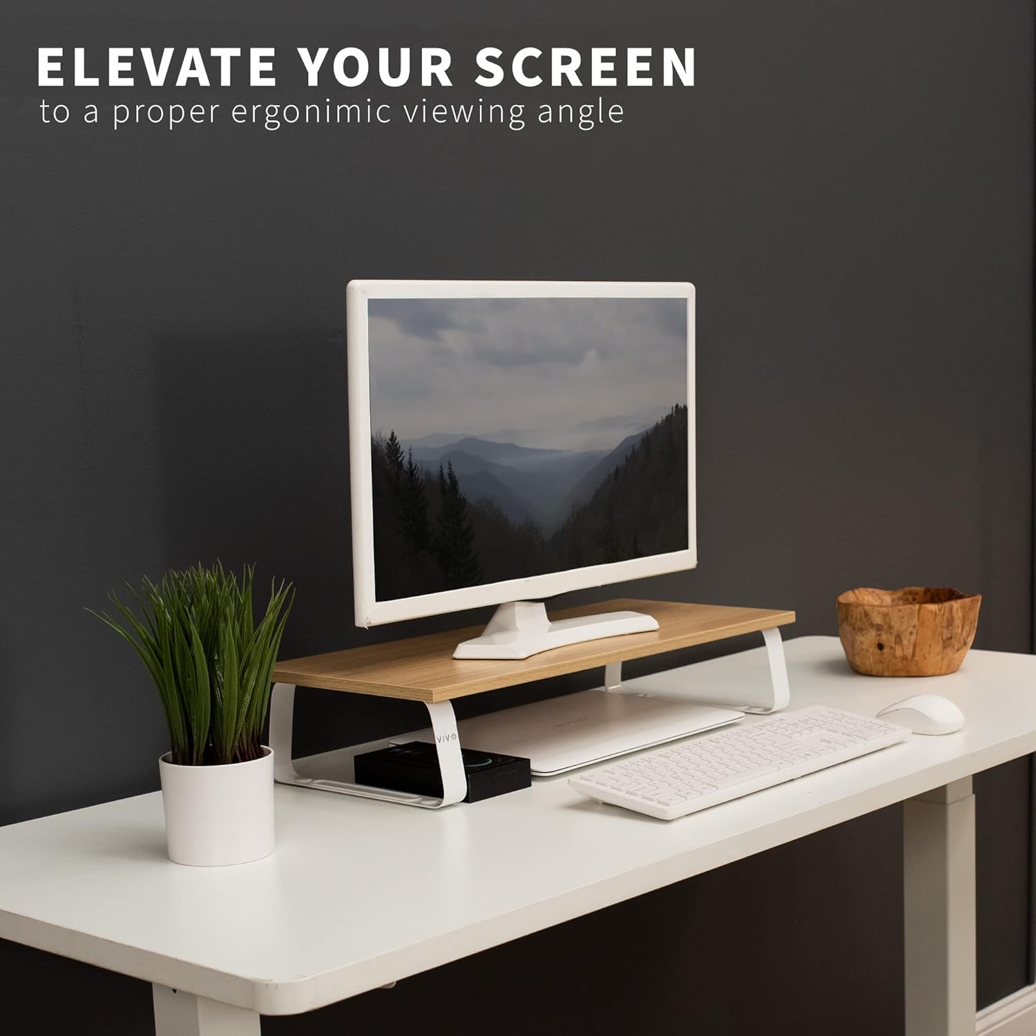 VIVO 24 Inch Monitor Riser, Wood and Steel Desktop Stand, Screen, Keyboard, Laptop, Small TV, Ergonomic Desk and Tabletop Organizer, Light Wood and White, STAND-V000WM image number 5