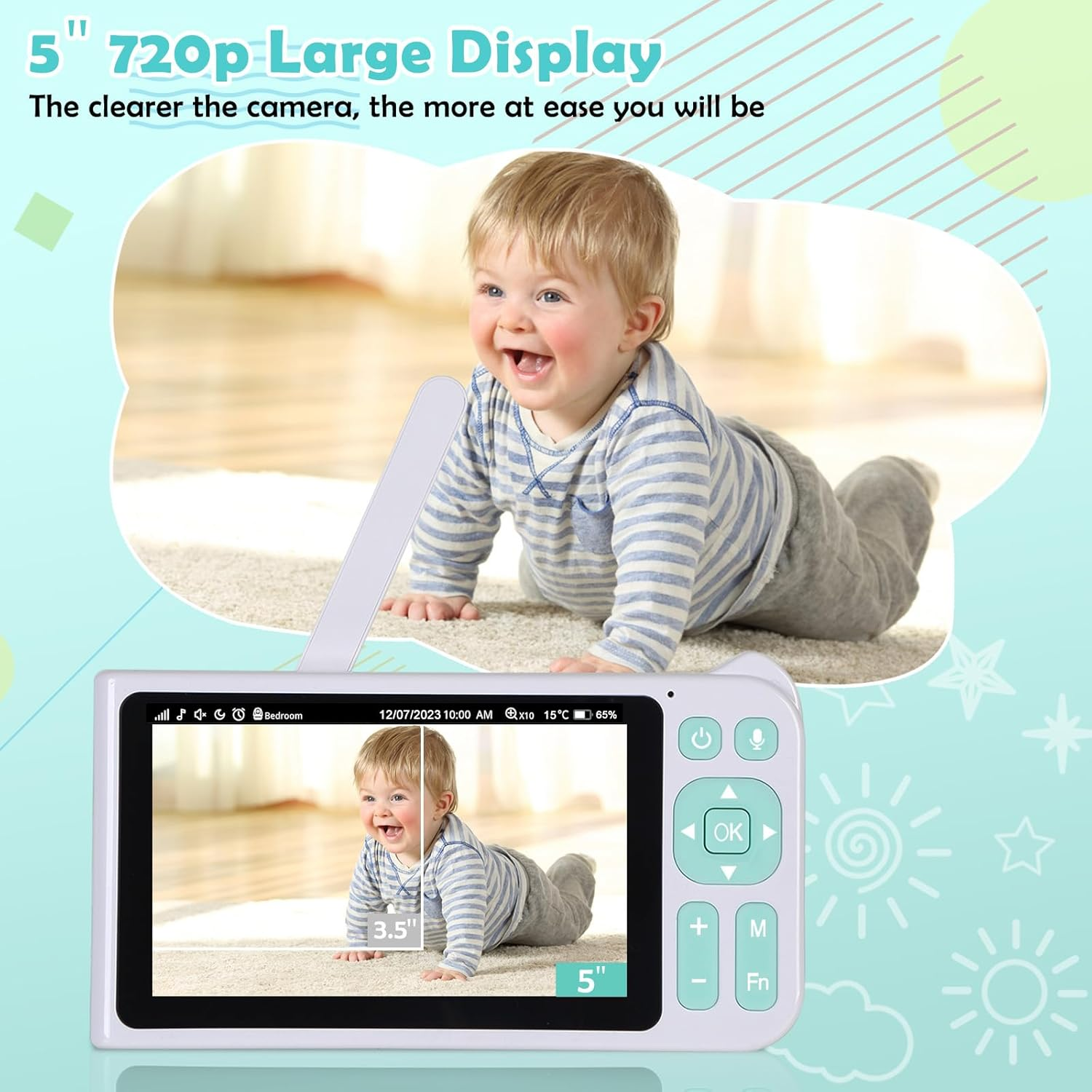 1080P FHD Video Baby Monitor with Camera and Audio, 3000Ft Range, 5&rdquo; Display, No Wifi, 2-Way Audio, Night Vision, Lullabies, 5000Mah Battery and Pan Tilt Zoom image number 2