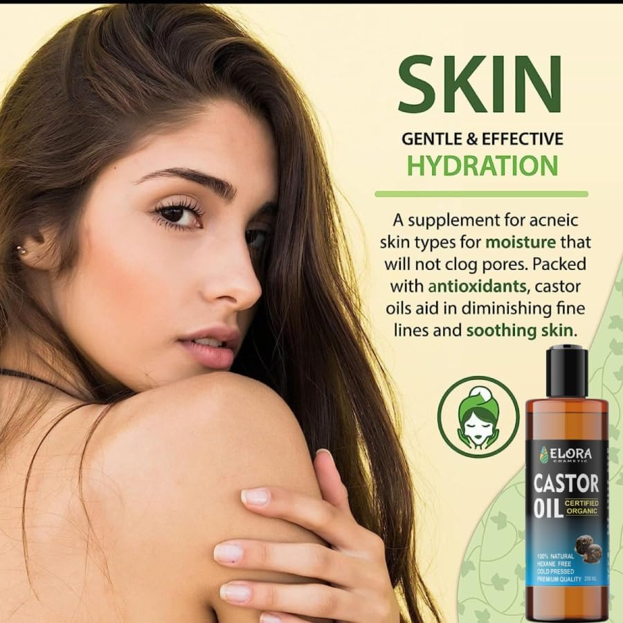 Certified Organic Castor 200ML Oil, Cold-Pressed Castor Oil, Hexane Free, Castor Oil for Hair Growth, Eyebrows, Eyelashes and Dry Skin. Anti-Oxidant Oil for Hair, Skin, Face.(Plastic Bottle) (200 ML) image number 2