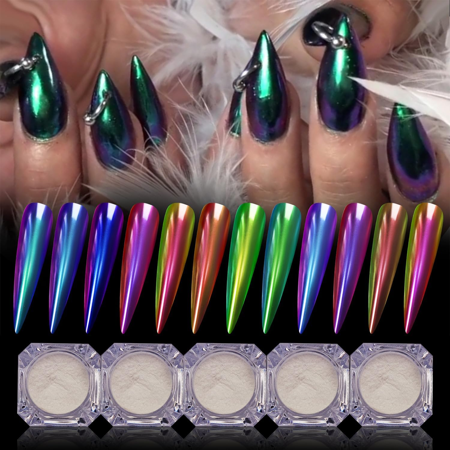 5Color Pearl Powder Nail Art Glitter Mirror Effect Chrome Pigment UV Gel Polish Shimmer Dip Dust Decoration Kit - 5Pcs image number 1