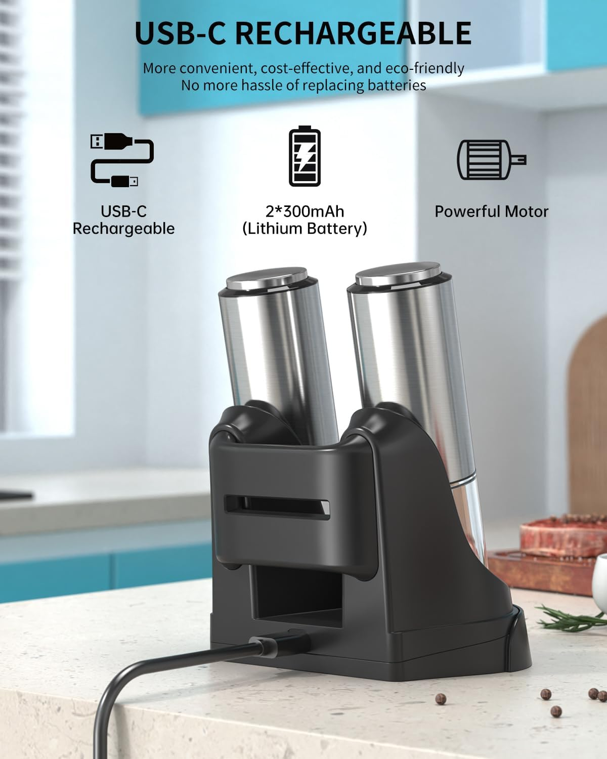 CIRCLE JOY Salt and Pepper Grinder Set Electric Rechargeable Speed Control Pepper Mill Set with Portable Dual Charging Station, External Adjustable Coarseness, 95ML Spice Container image number 5