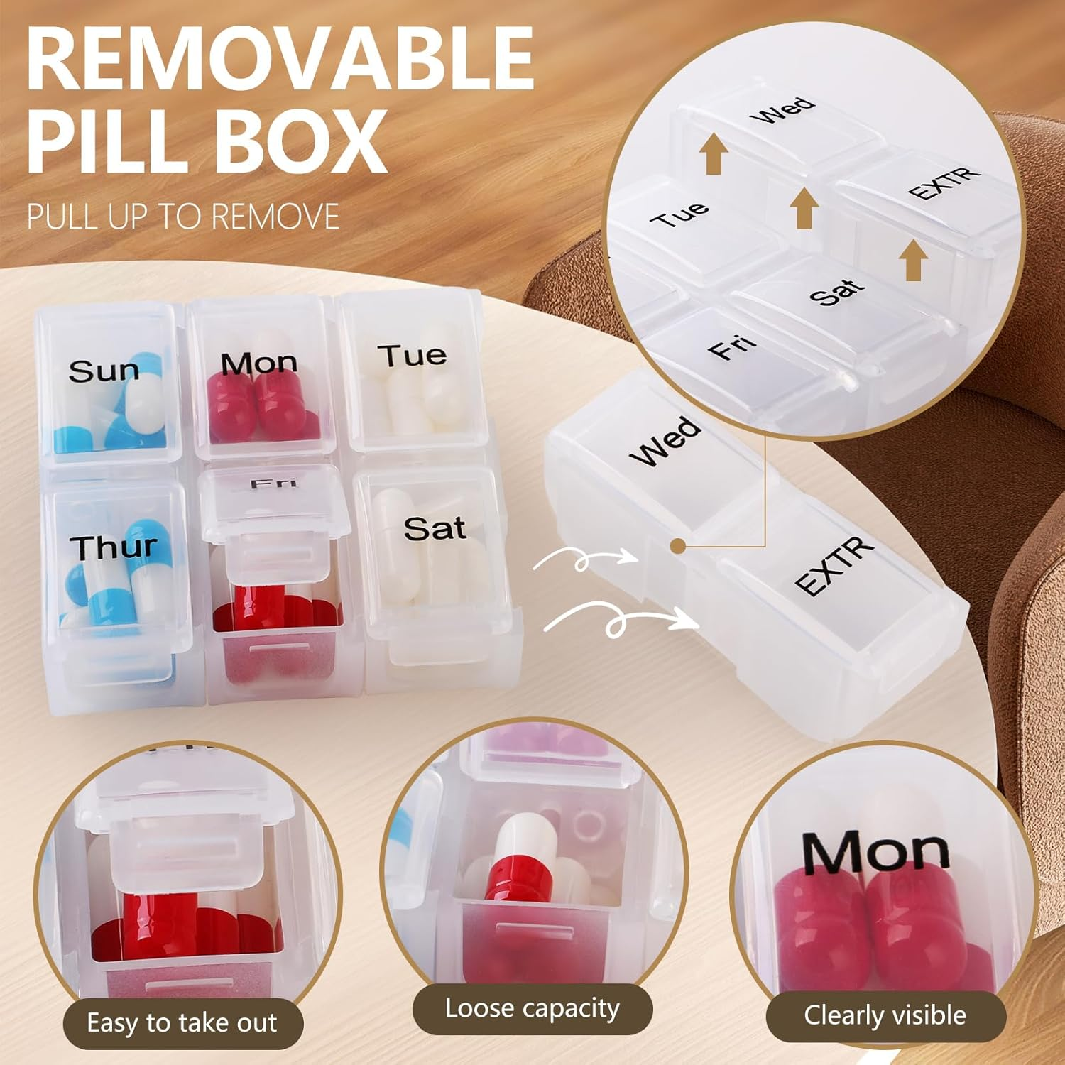 7 Day Pill Organizer, Weekly Pill Organize Case, 8 Compartments for Extra, Case for Travel/Pills/Supplements Trasparent