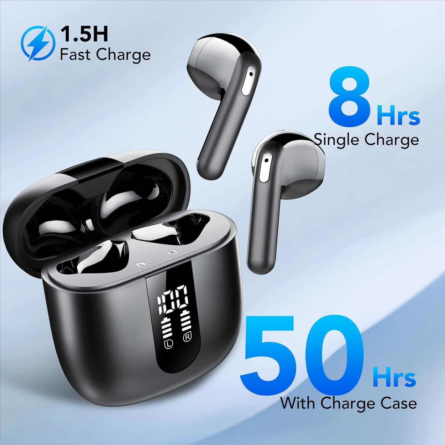 Wireless Earbuds, Bluetooth 5.4 Headphones with 4 ENC Noise Cancelling Mic, 2025 Earbuds 50H Playtime, LED Display, IP7 Waterproof, Deep Bass, in Ear Earphones for Phone, Travel, Sports, Black - Moon White image number 3