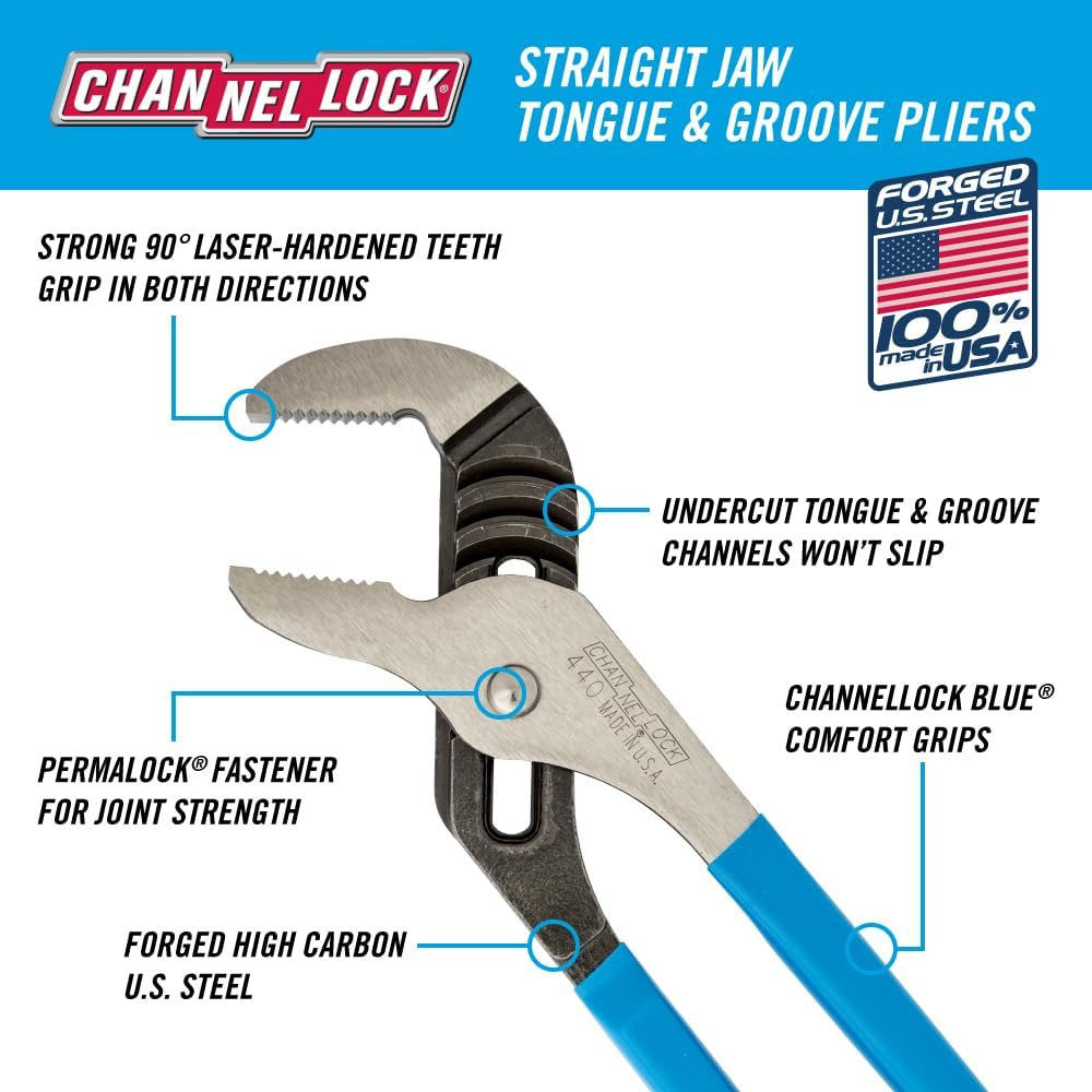 CHANNELLOCK Tongue and Groove Straight Jaw Plier, 12-Inch Length, Blue Handle image number 6