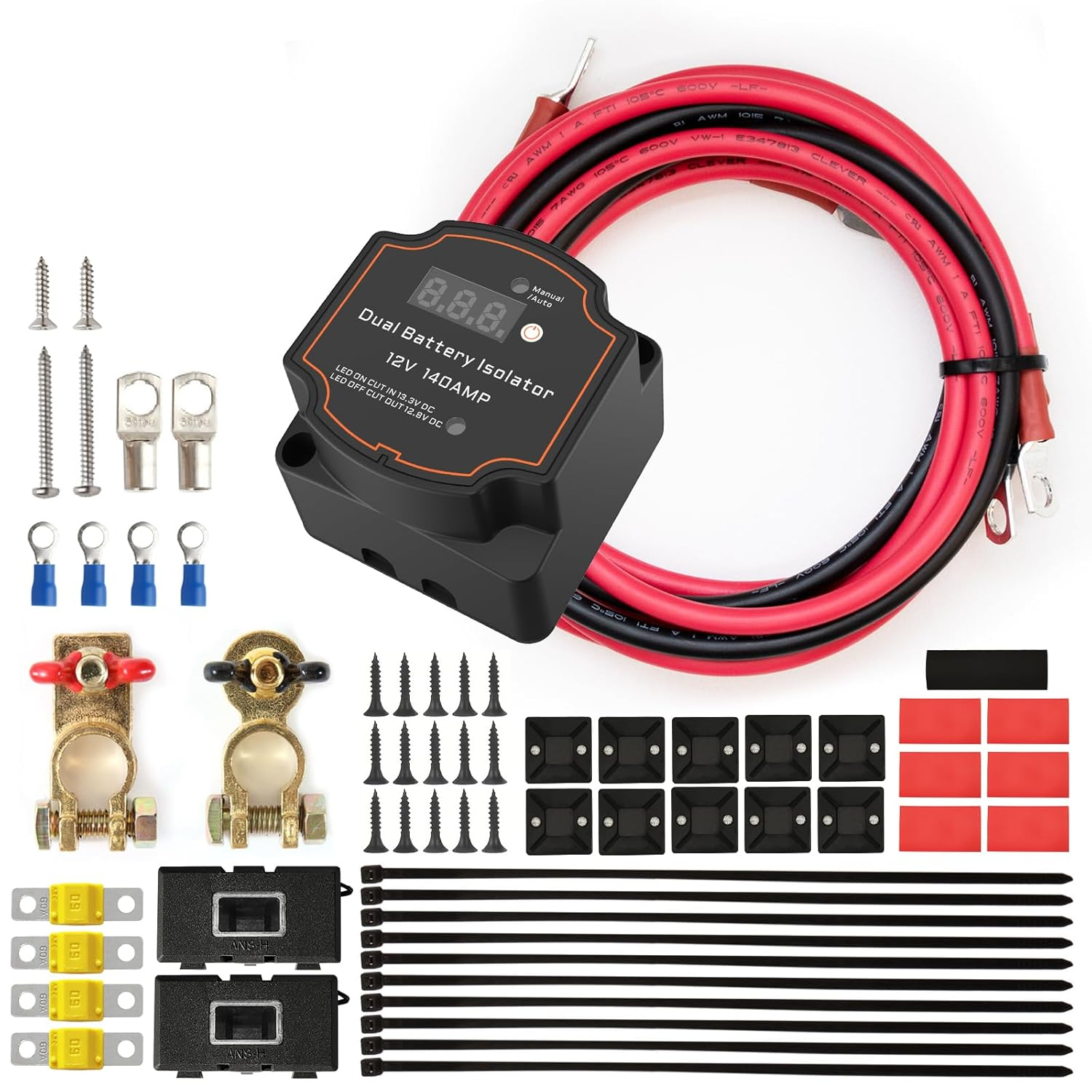 Battery Isolator 12V with 16.4Ft 7AWG Cable Kit, 140AMP Split Charge Relay Kit Voltage Sense Relay, Automatic Smart Isolator Waterproof Dual Battery Disconnect Switch for RV, UTV, ATV, Car, Marine image number 2