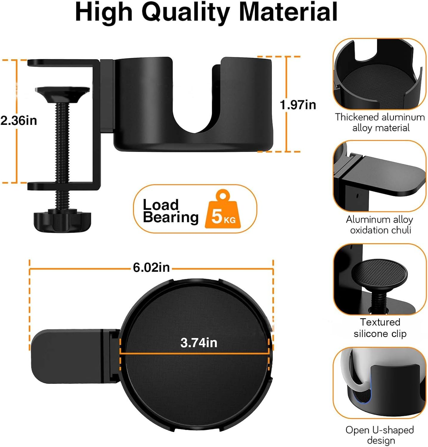 Creative Table Drink Holder, Desk Cup Holder Made of Aluminum Alloy, Adjustable Table Cup Holder Clamp, Desk Bottle Holder Easy to Install, for Water, Drinks, Coffee Cup (Black) image number 3