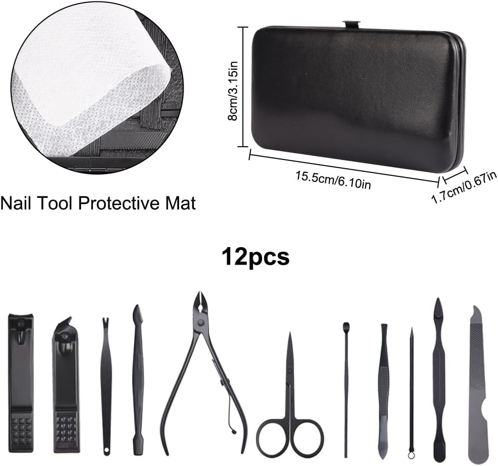 AYBUY Manicure Set, 12-Piece Pedicure Nail Clippers, Stainless Steel Care Tools with PU Leather Bag, Professional All-Round Hand Foot Care Kit for Men and Women (Black) image number 4