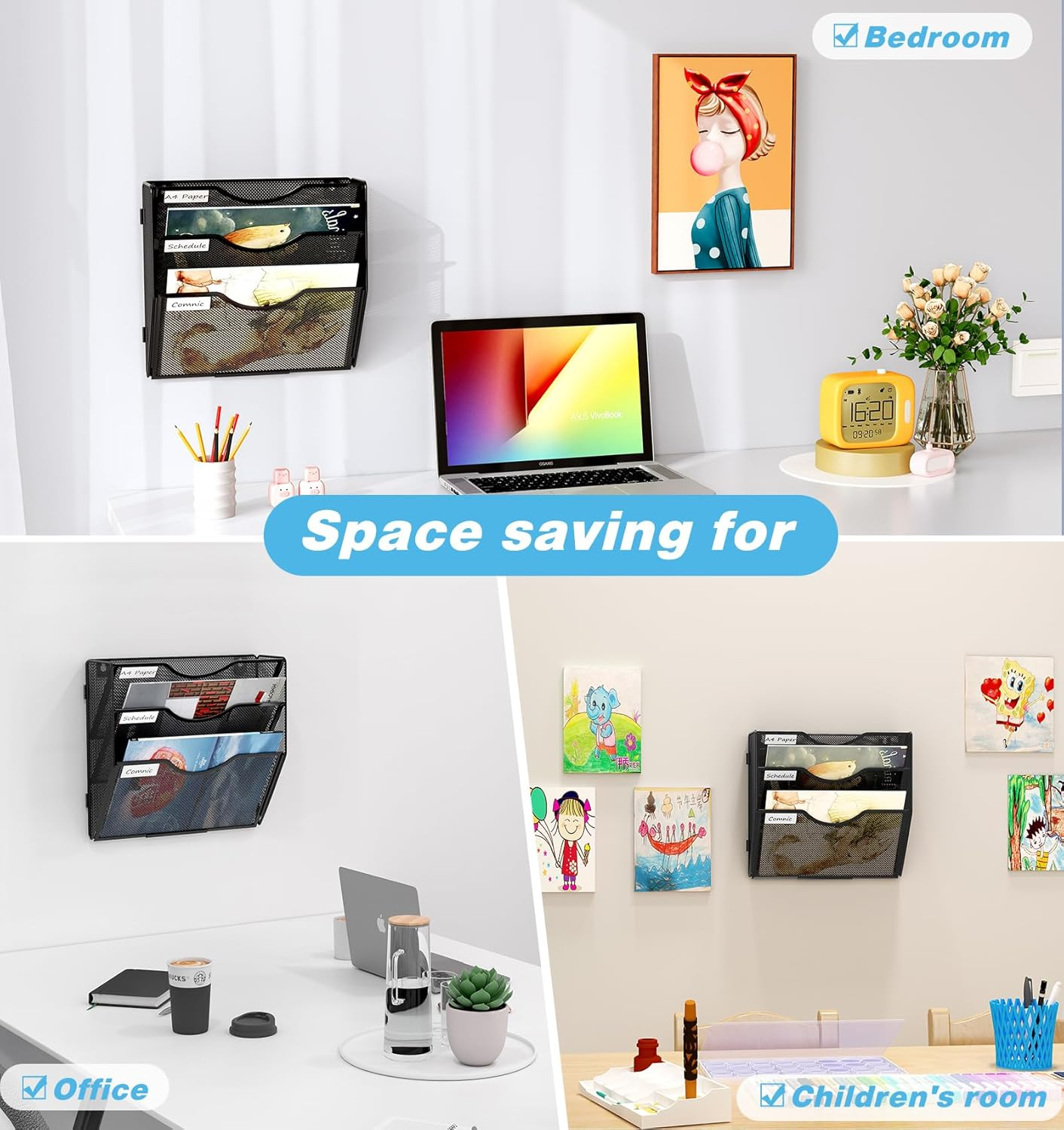 Solinxe Wall Hanging File Holder 3 Tier Wall Mounted Paper Organizer Magazine File Holder Storage Organizer, Black image number 3