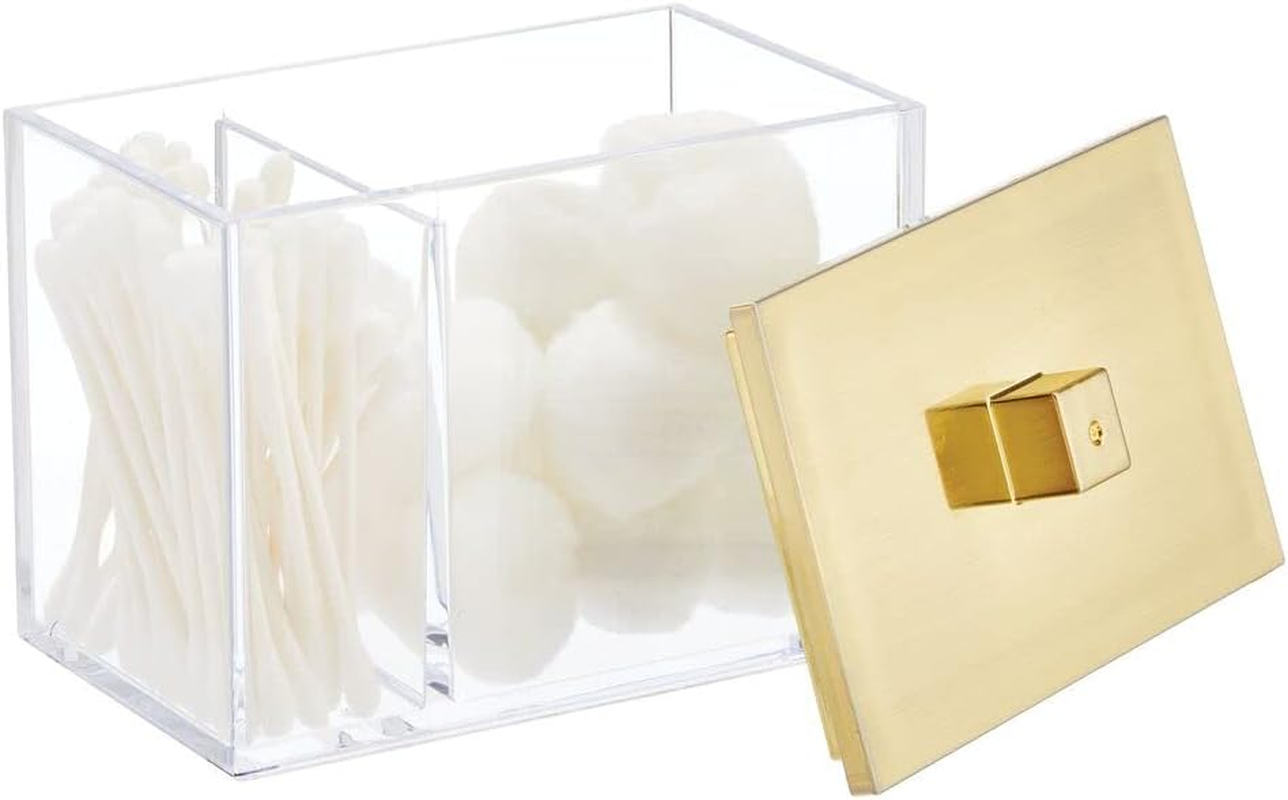 Mdesign Modern Square Bathroom Vanity Countertop Storage Organizer Canister Jar for Cotton Swabs, Rounds, Balls, Makeup Sponges, Bath Salts - 2 Divided Sections - Clear/Soft Brass image number 5
