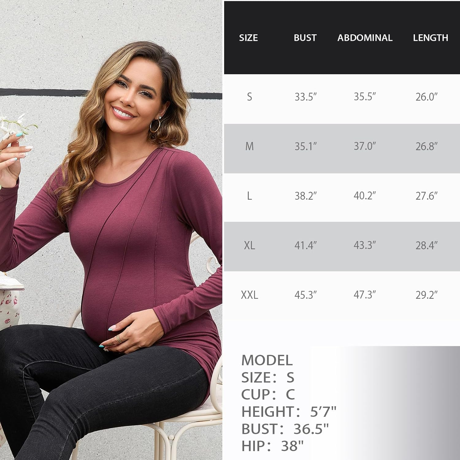 DEBELLY Maternity Long Sleeve Shirt Pleated Crew Neck Pregnancy Top for Women Side Ruched Work Lounge image number 6