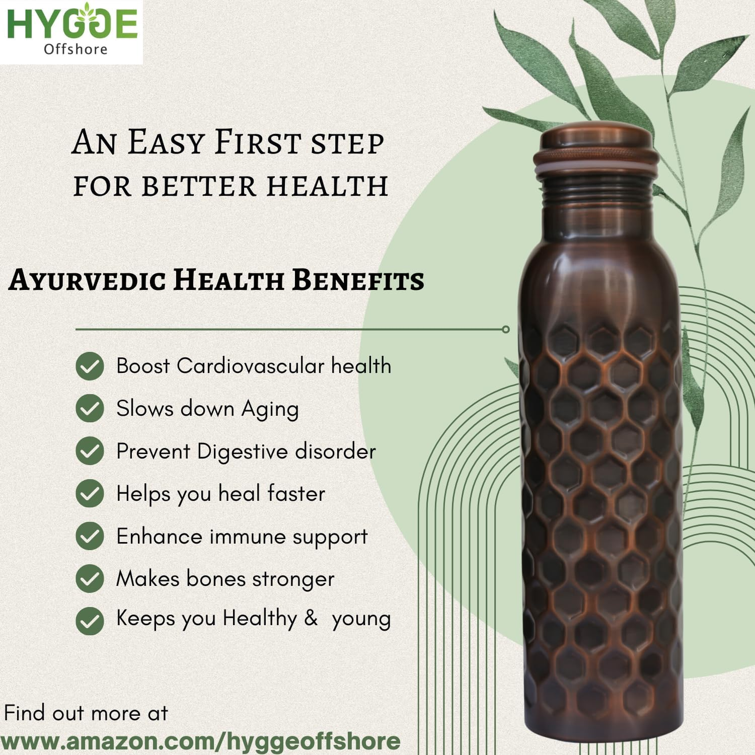 HYGGE 34 Oz Pure Copper Water Bottle &ndash; Ayurvedic Copper Vessel &ndash; Leak-Proof, Antique Hammered Design &ndash; Promote Health & Hydration &ndash; Eco-Friendly Drinkware image number 5