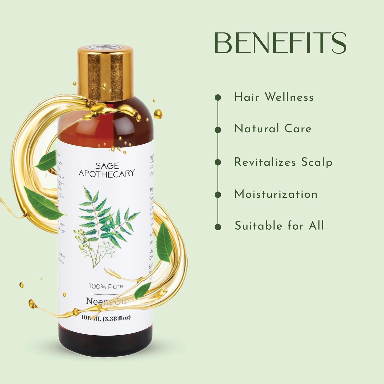 Sage Apothecary 100% Pure & Natural Premium Neem Oil for Hair Growth & Healthy Skin | Healing Dry & Damaged Hair | Pack of 100ML image number 1