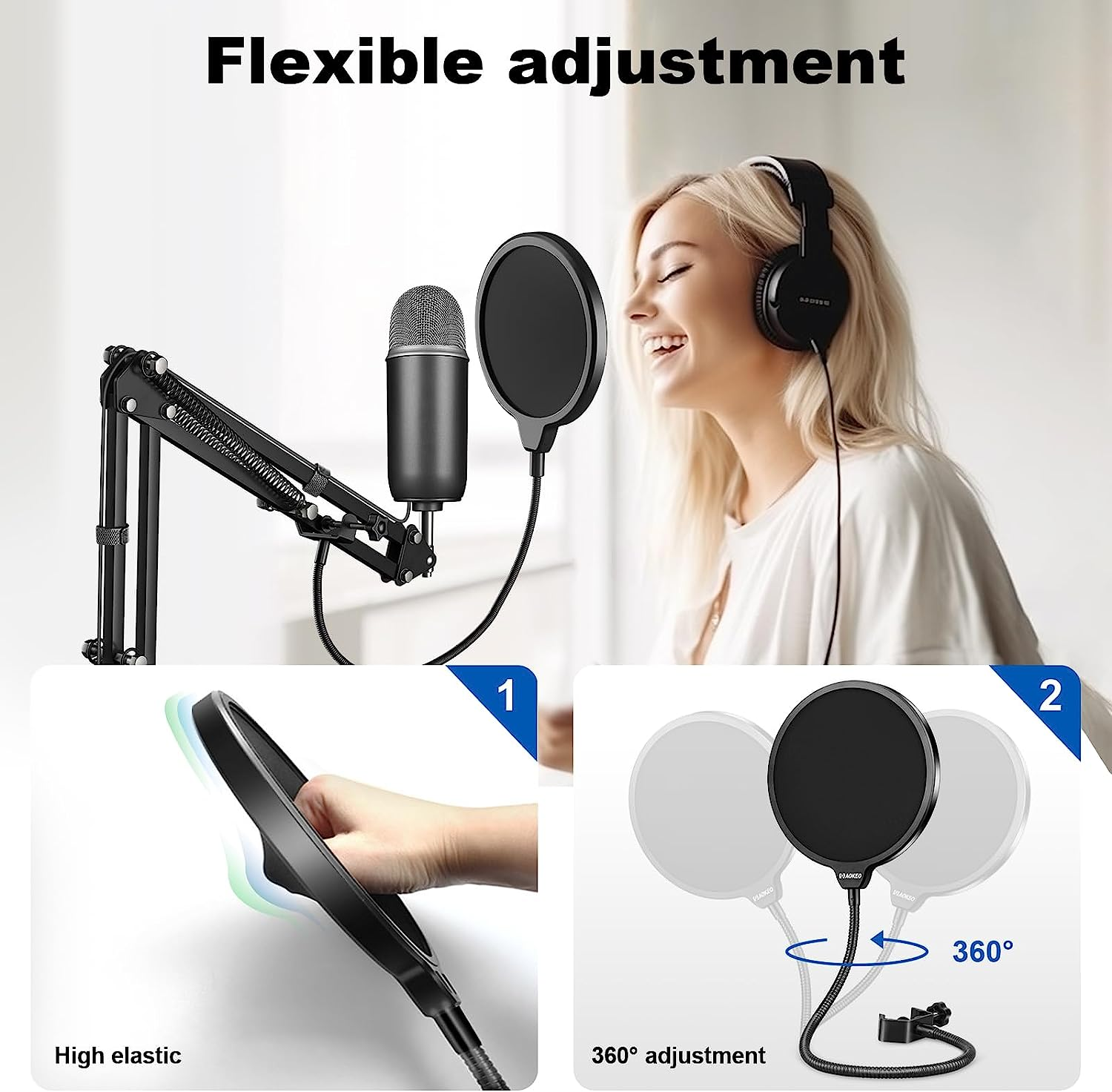 Aokeo Professional Microphone Pop Filter Mask Shield for Blue Yeti and Any Other Microphone, Mic Dual Layered Wind Pop Screen with a Flexible 360&deg; Gooseneck Clip Stabilizing Arm image number 1
