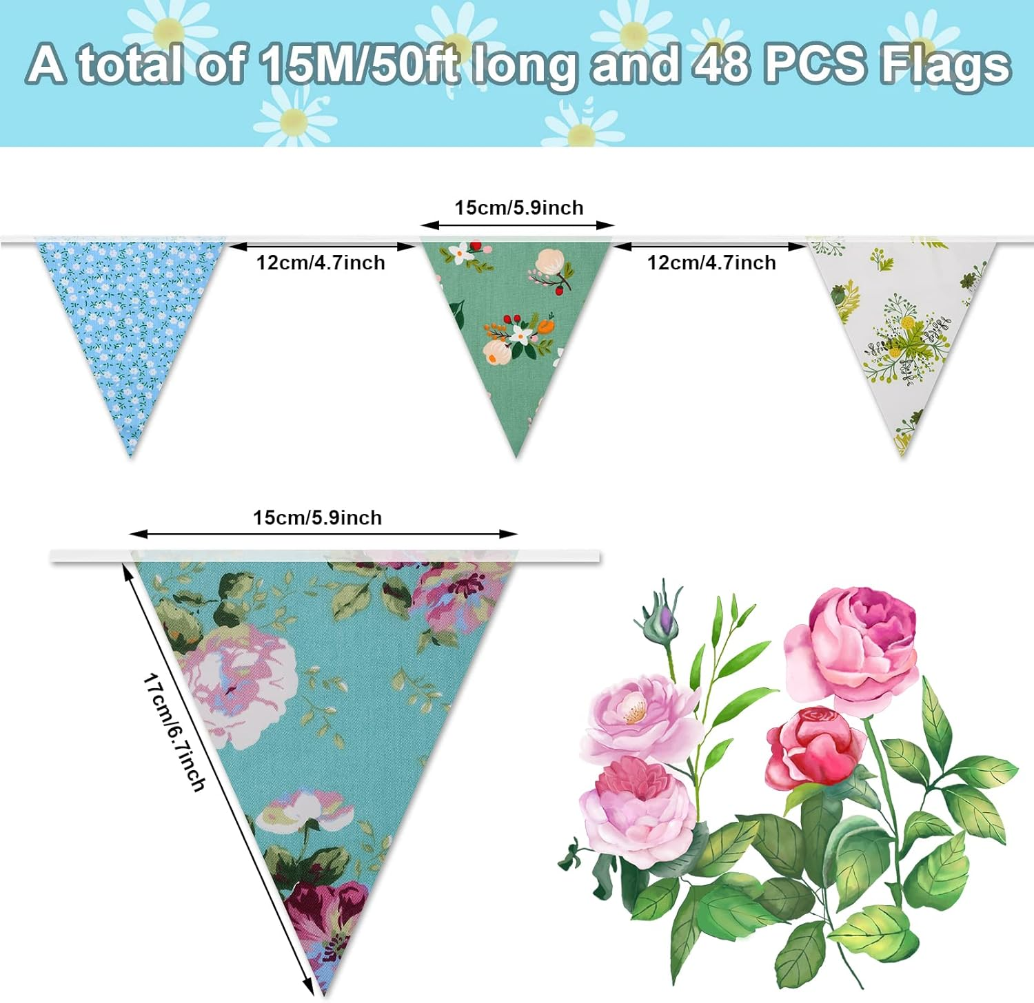 15M/50Ft Fabric Bunting Flag 48 Pieces Vintage Cotton Floral Fabric Bunting Outdoor Waterproof Reusable Festival Flags for Baby Shower Party Christmas Birthday Garden Decorations(Green and Blue) image number 1
