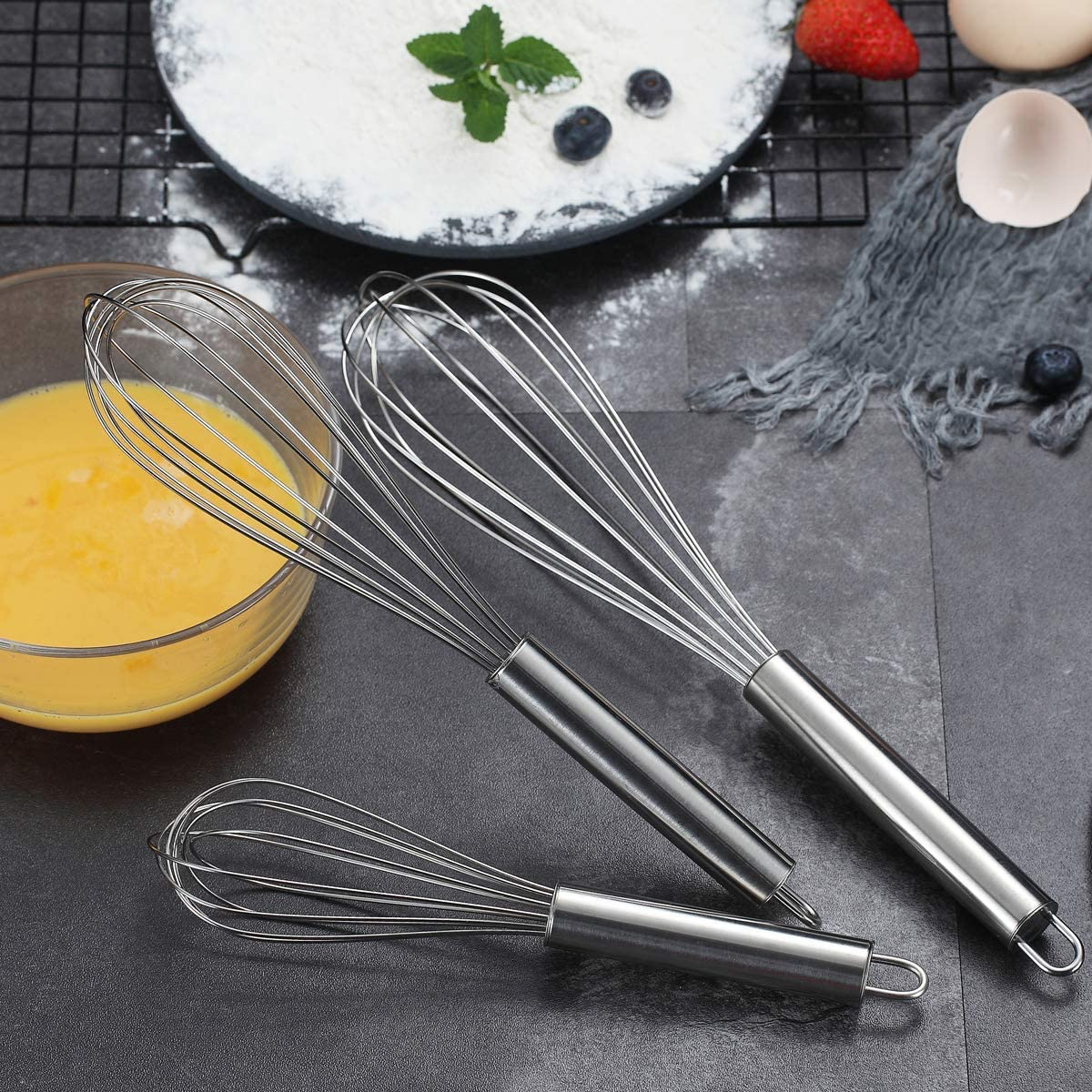 Berglander 3 Pack Stainless Steel Whisks 8",10",12", Wire Whisk Set Kitchen Whisk (Pack of 3)
