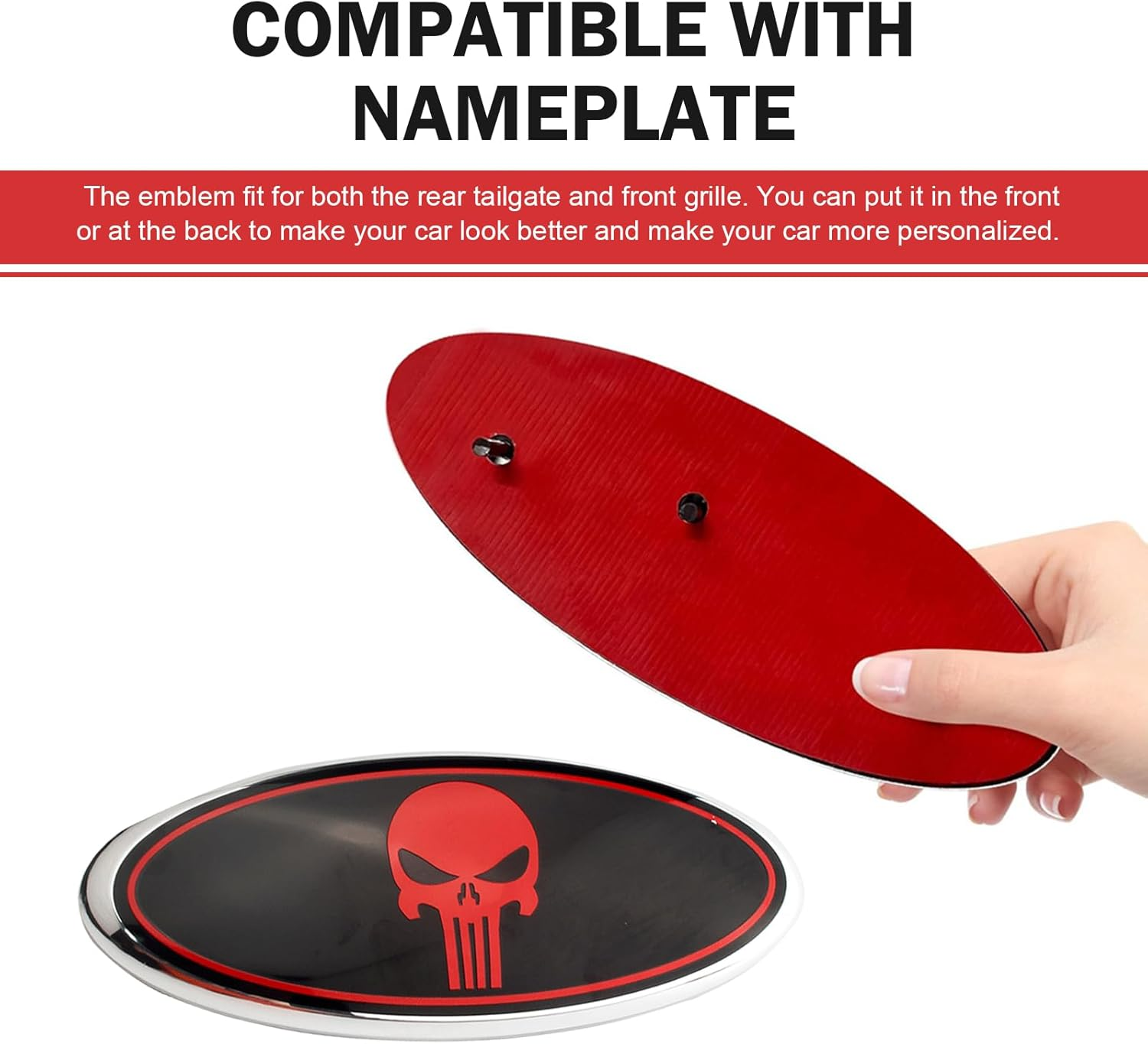 UGSHY 2 PCS Front Grille Emblem, 7" Central Mesh Cover Label, Rear Tailgate Emblem Badge Nameplate, Compatible with Ford F150 F250 F350 (Skull Red) image number 4