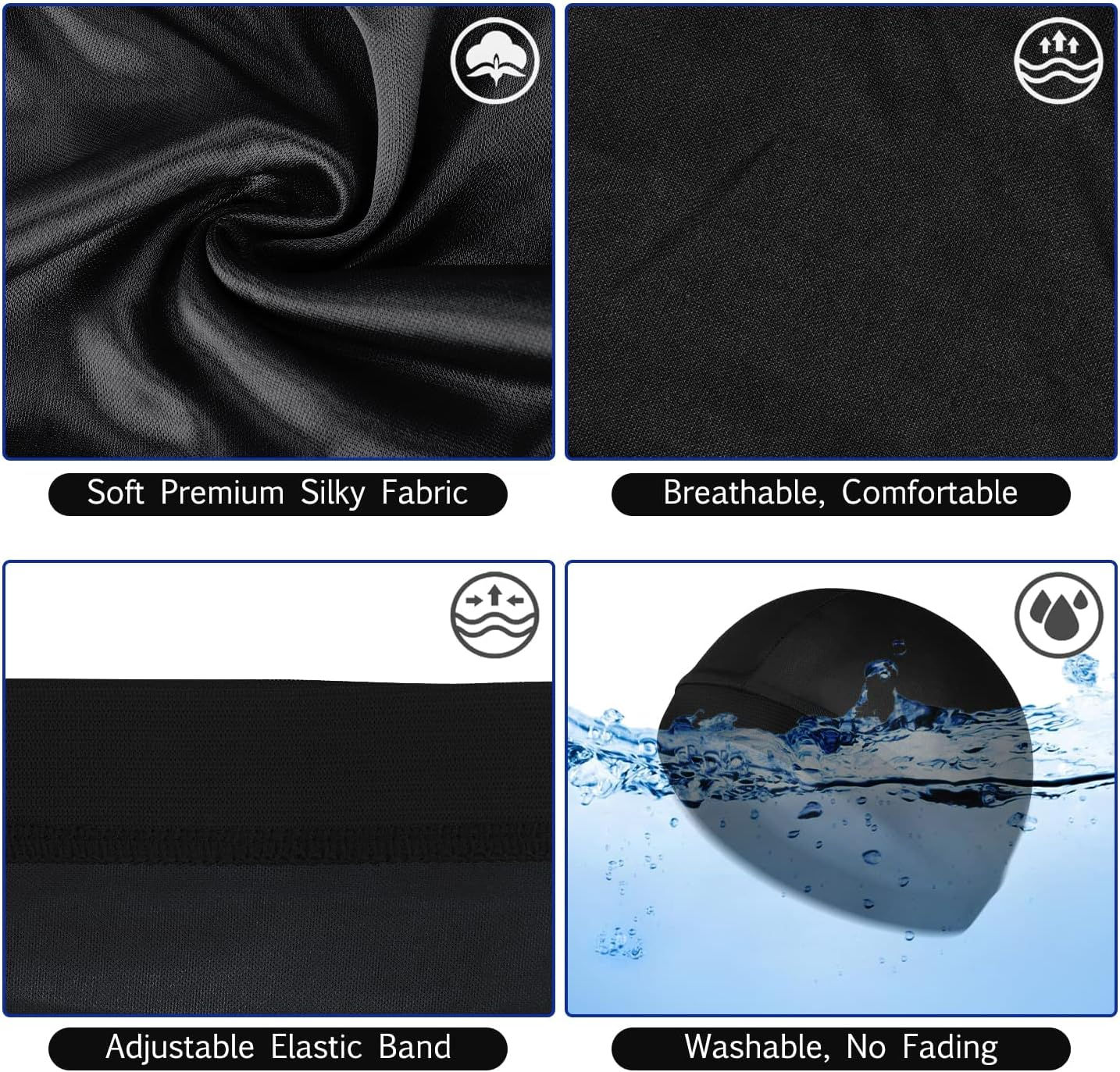 Sibba 3 Pieces Unisex Satin Silky Wave Caps 360 540 720 Wave Elastic Band Silky Durag Headwear Stockings Wig Beanie Cap image number 4