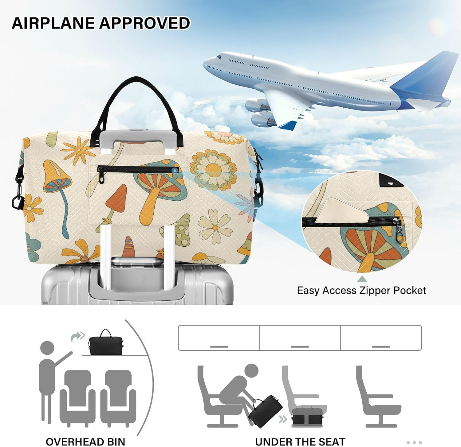 Oversized Travel Duffel Bag Travel Weekender Gear Bag Retro Woodland Mushrooms Flowers Gym Tote Bag with Adjustable, Retro Woodland Mushrooms Flowers, Set of 2, Art Deco image number 5