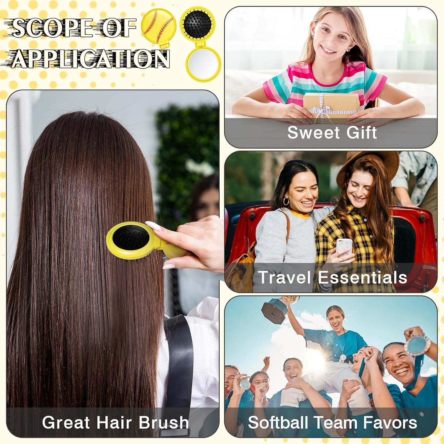 12 Pcs Softball Mini Detangler Brush, Folding Mirror Hair Brushes, Mini Travel Hair Brush, No Tangle Soft Flexible Bristles for Straight, Curly, Thick Hair for Softball Team Gift Sport Party image number 2