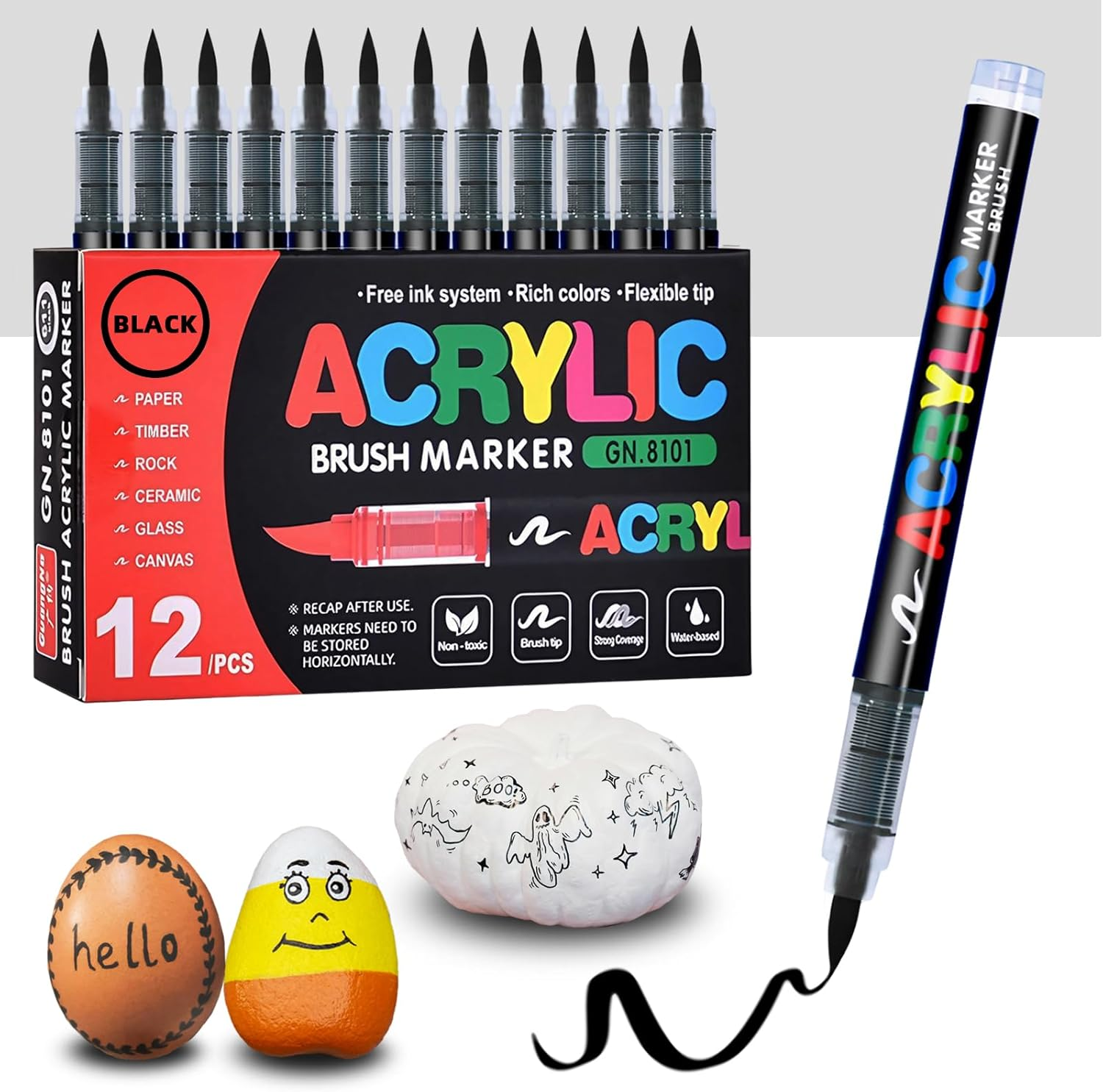 Black Acrylic Paint Pens, 12 Pack Soft Brush Tip Acrylic Paint Markers, Colouring Drawing Waterproof Art Markers for Wood, Metal, Ceramic, Fabric, Stone, Egg, Rock Painting and DIY Art Crafting