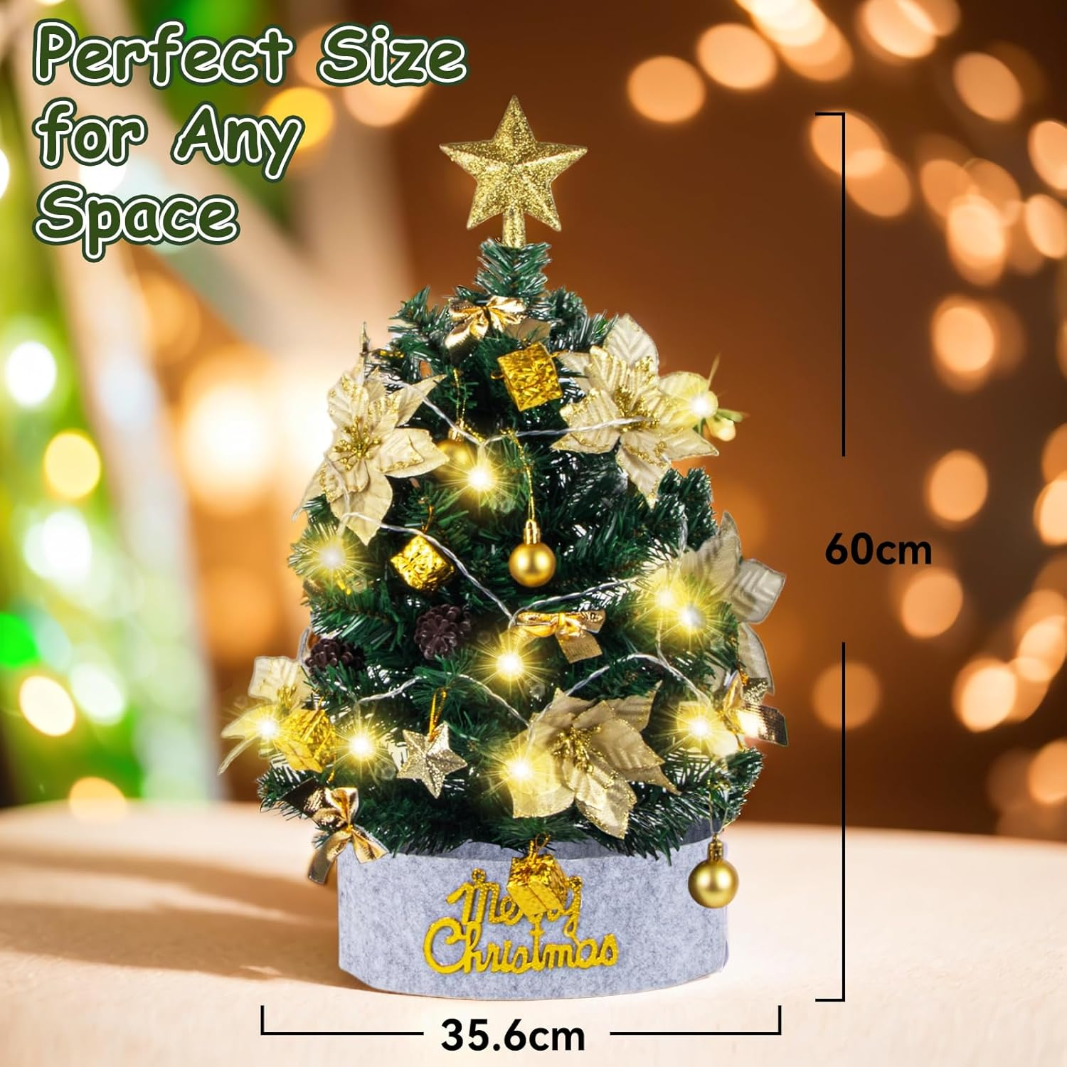 Ninonly 60CM Mini Christmas Tree with 20 LED Lights, Artificial Small Tabletop Flocked Christmas Tree with Star Tree Topper, Flower, Gift Box, Ball, Xmas Tree Decorations for Christmas Decor
