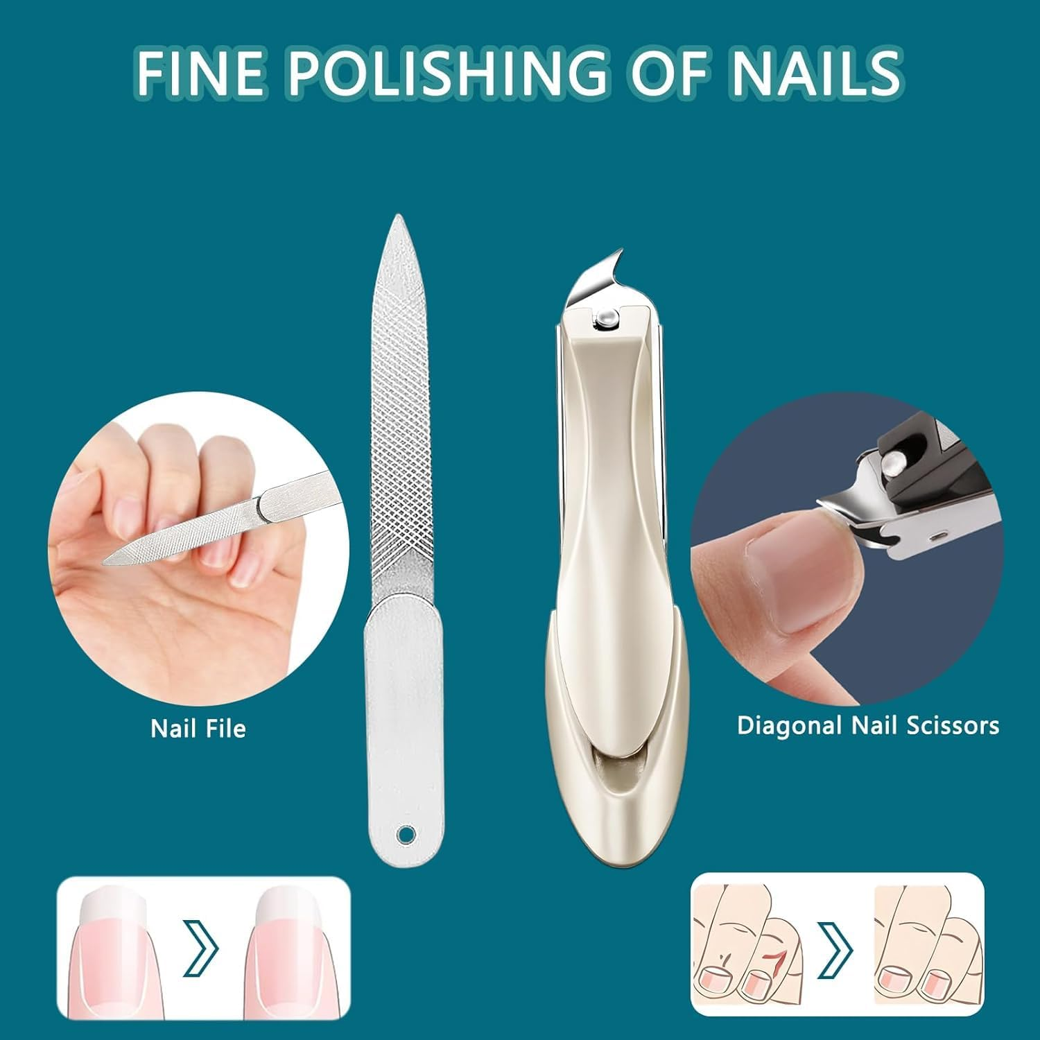Checkzed Nail Clippers Set, Stainless Steel Anti-Splash Fingernail Cutter, Manicure Tools with Curved Nail Clippers and Nail File for Men and Women, Precision Pedicure Scissor (3-Piece Set) image number 3