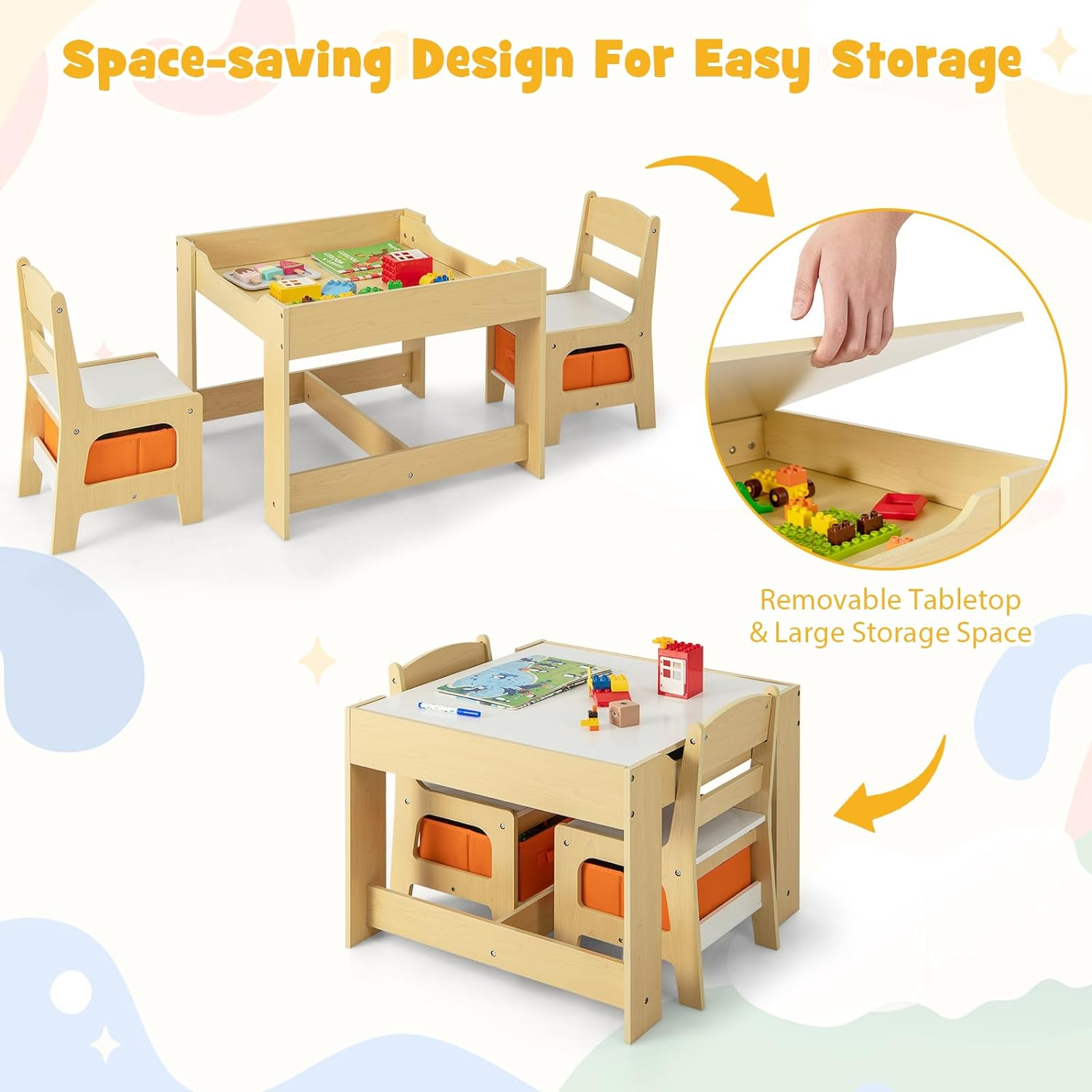 HONEY JOY 3 in 1 Kids Wooden Table & 2 Chair Set, Children Activity Table Desk Sets W/Storage Drawer, Detachable Blackboard, Toddler Table and Chair Set for Drawing, Eating, Reading (Natural)