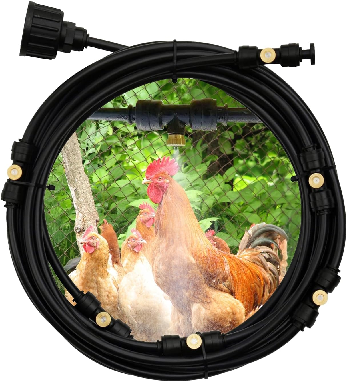 Chicken Coop Misting Cooling System,Misting Hose for Patio with 26FT Misting Line + 8Mist Nozzles +3/4" Adapter& T-Joints Perfect for Cooling Chicken Coops during Summer image number 1