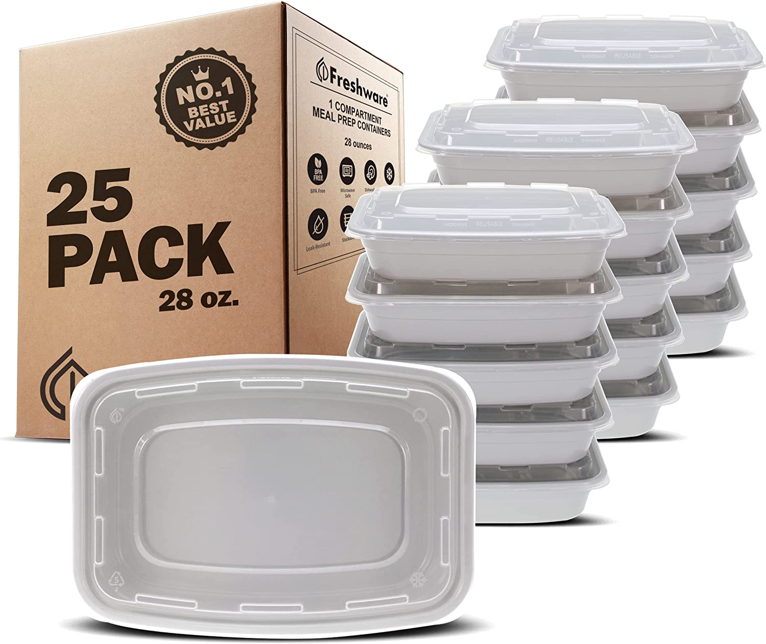 Freshware Meal Prep Containers [25 Pack] 1 Compartment Food Storage Containers with Lids, Bento Box, BPA Free, Stackable, Microwave/Dishwasher/Freezer Safe (28 Oz)