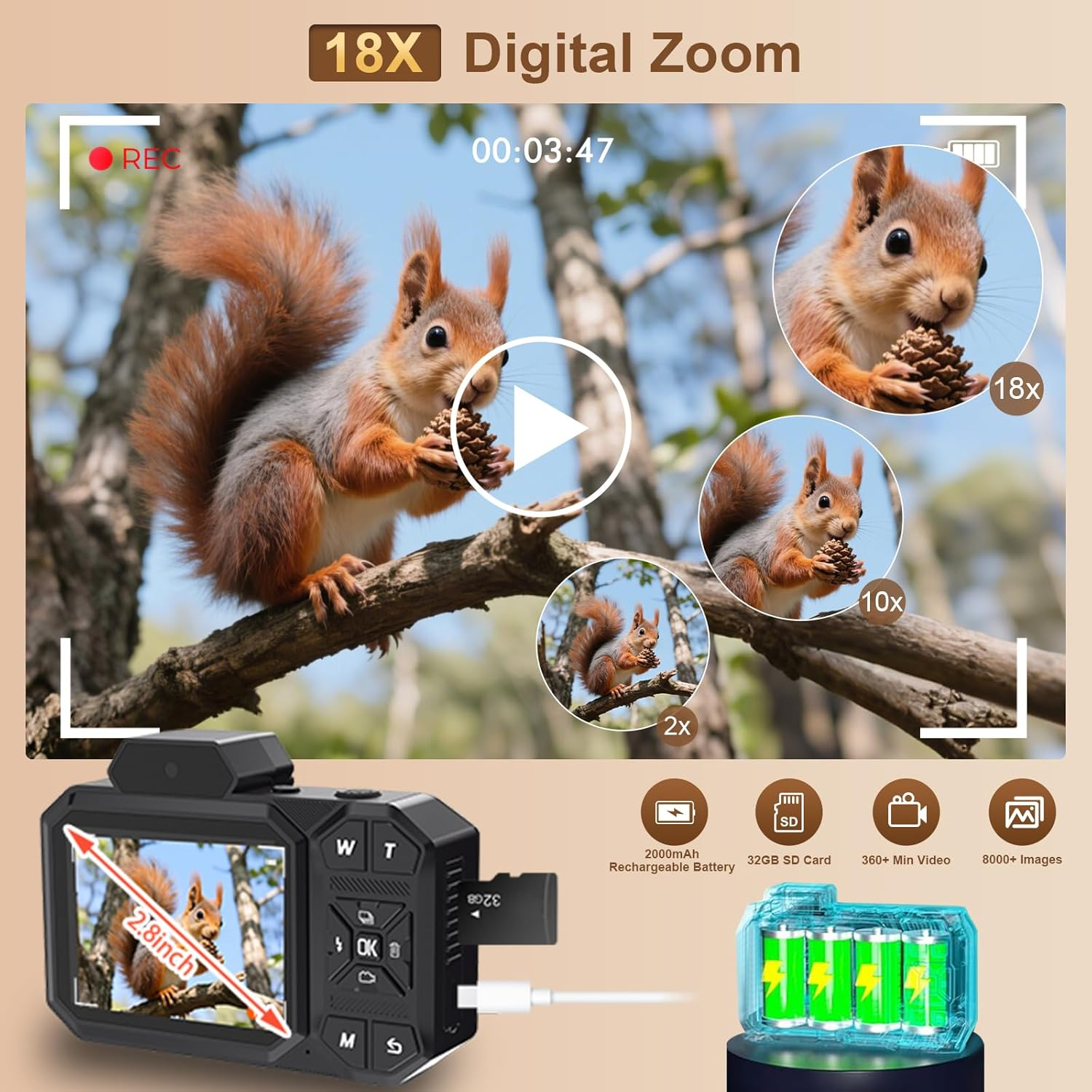 Digital Camera, 4K 48MP HD Autofocus Camera with 32G SD Card Digital Cameras Compact Camera for Children Teenagers Beginners - Black image number 1