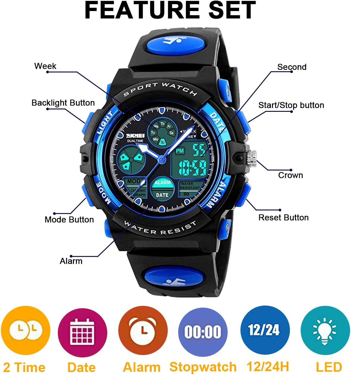 Touber Kids Digital Sport Watch, 50M Waterproof LED Wrist Watches with Alarm Stopwatch - Best Gifts image number 6