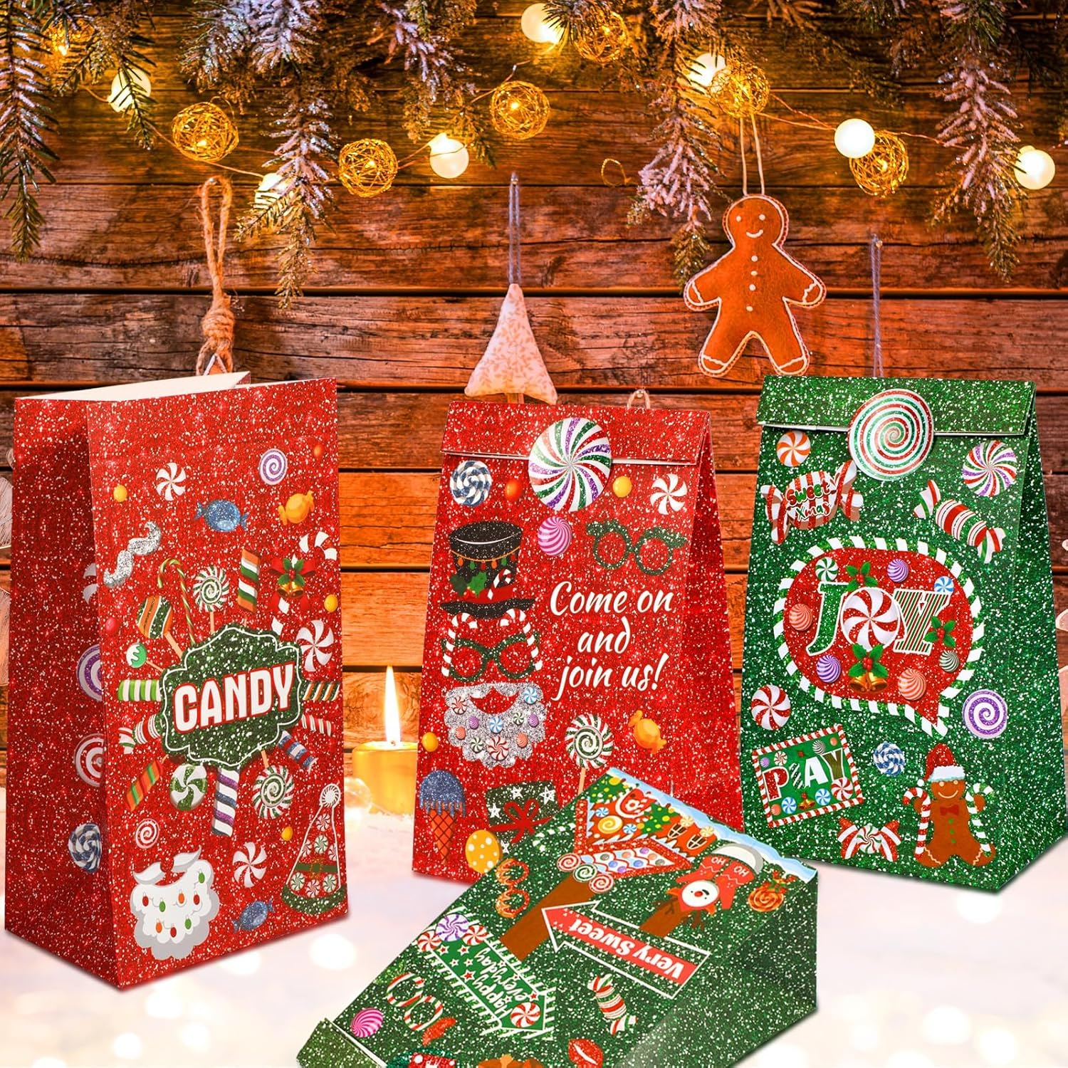 Rukoy 100 PCS Christmas Candy Bags,Christmas Paper Bags,Merry Christmas Candy Bags with Stickers, 12Pcs Christmas Peppermint Treat Bags for Xmas Holiday Party Favors Lollipops Goodie Bags, Party Gift Bags for Present Packing image number 5