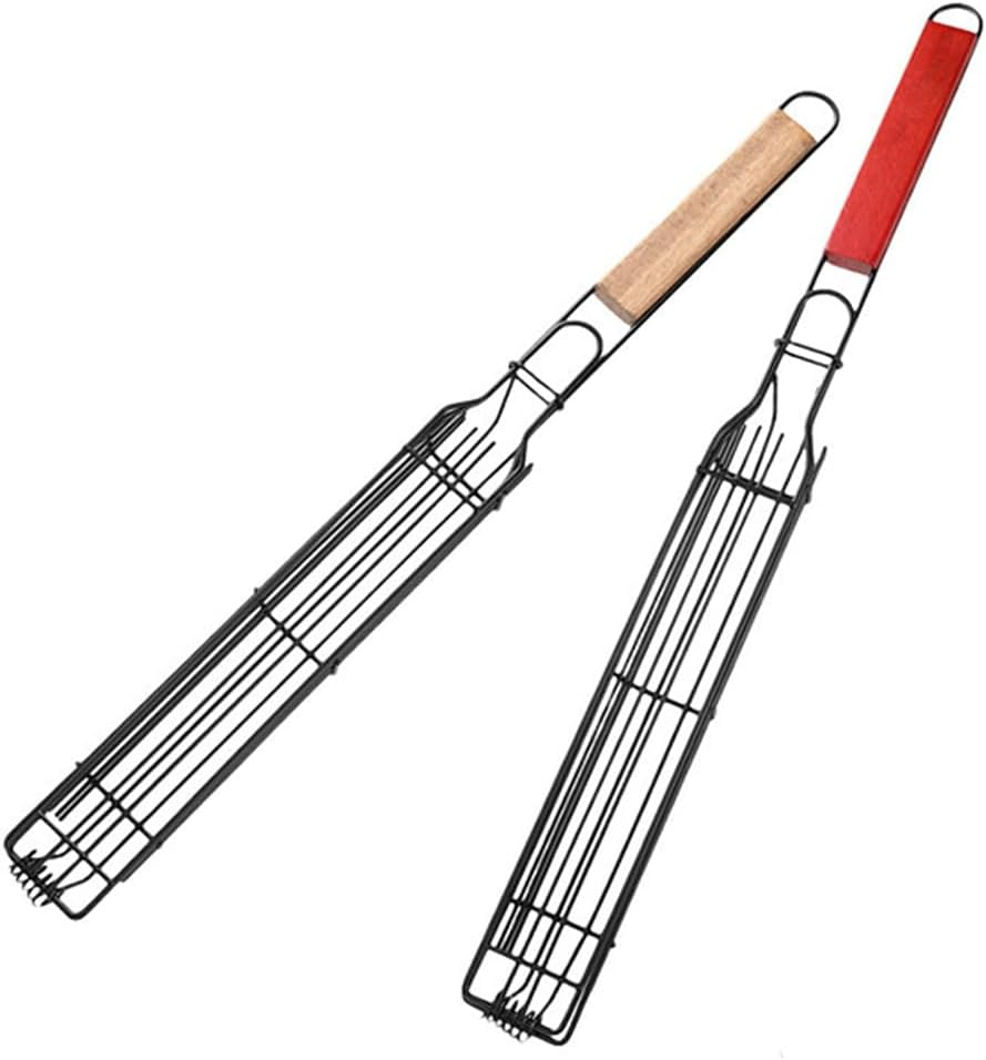 2 Pack Non-Stick Single Kabob Baskets, Barbecue Grill Basket，Bbq Square Grill Mesh with Long Wooden Handle for Fish Vegetable Sausage Meat image number 2