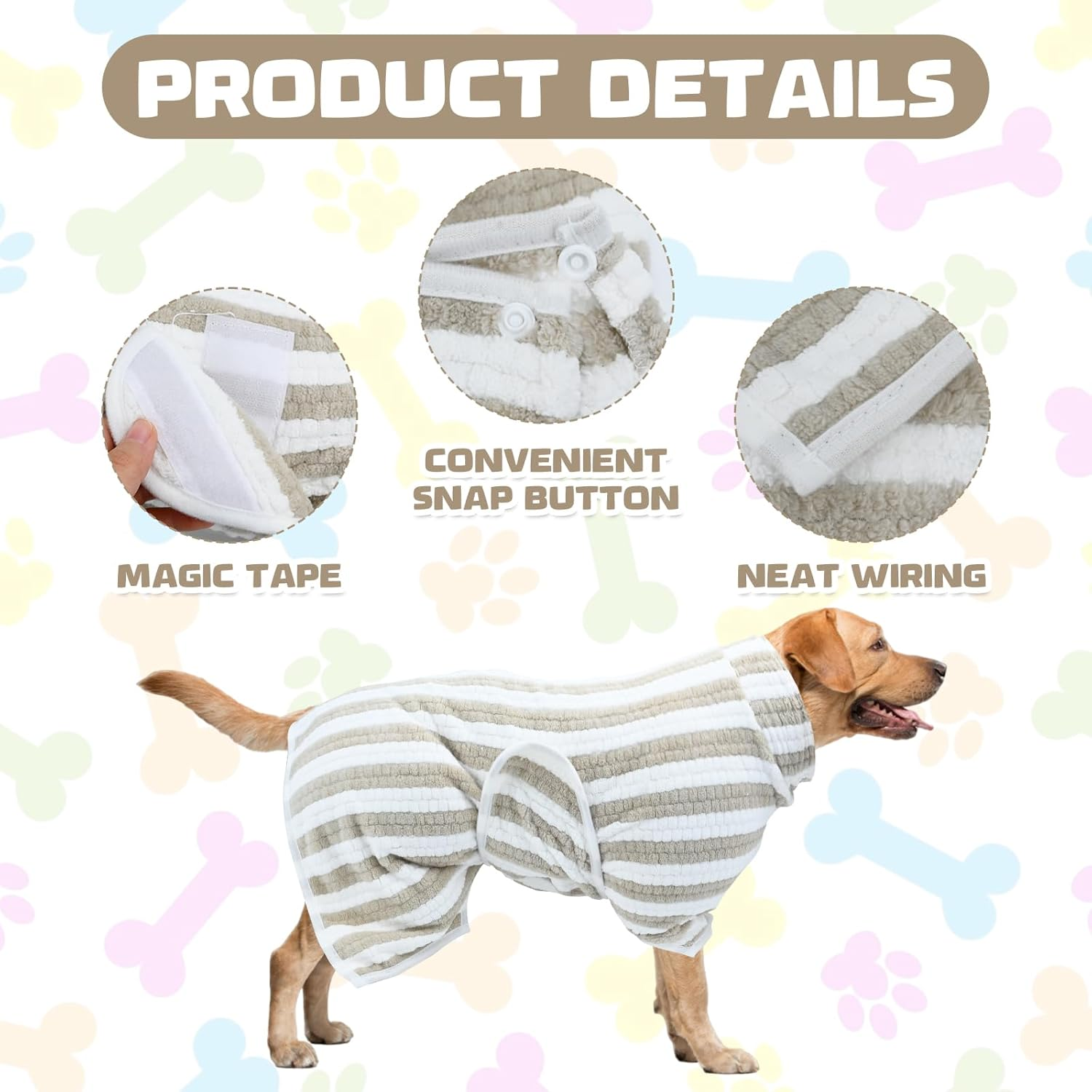 Dog Bath Coat - Ultra Absorbent Microfiber Quick Dry Striped Bathrobe - Corn Flannel Super Soft Towel with Adjustable Neck Snap Fastening for Baths, Swims (M)