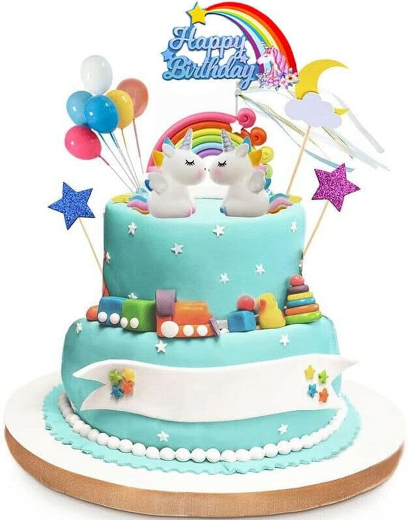 AIMALL 21Pcs/Set Unicorn Cake Topper Kit Cloud Rainbow Happy Birthday Banner Decoration with Rainbow, Happy Birthday Banner, Clouds, Stars & Moon, and Unicorns, Fits 6-10 Inch Cakes image number 2